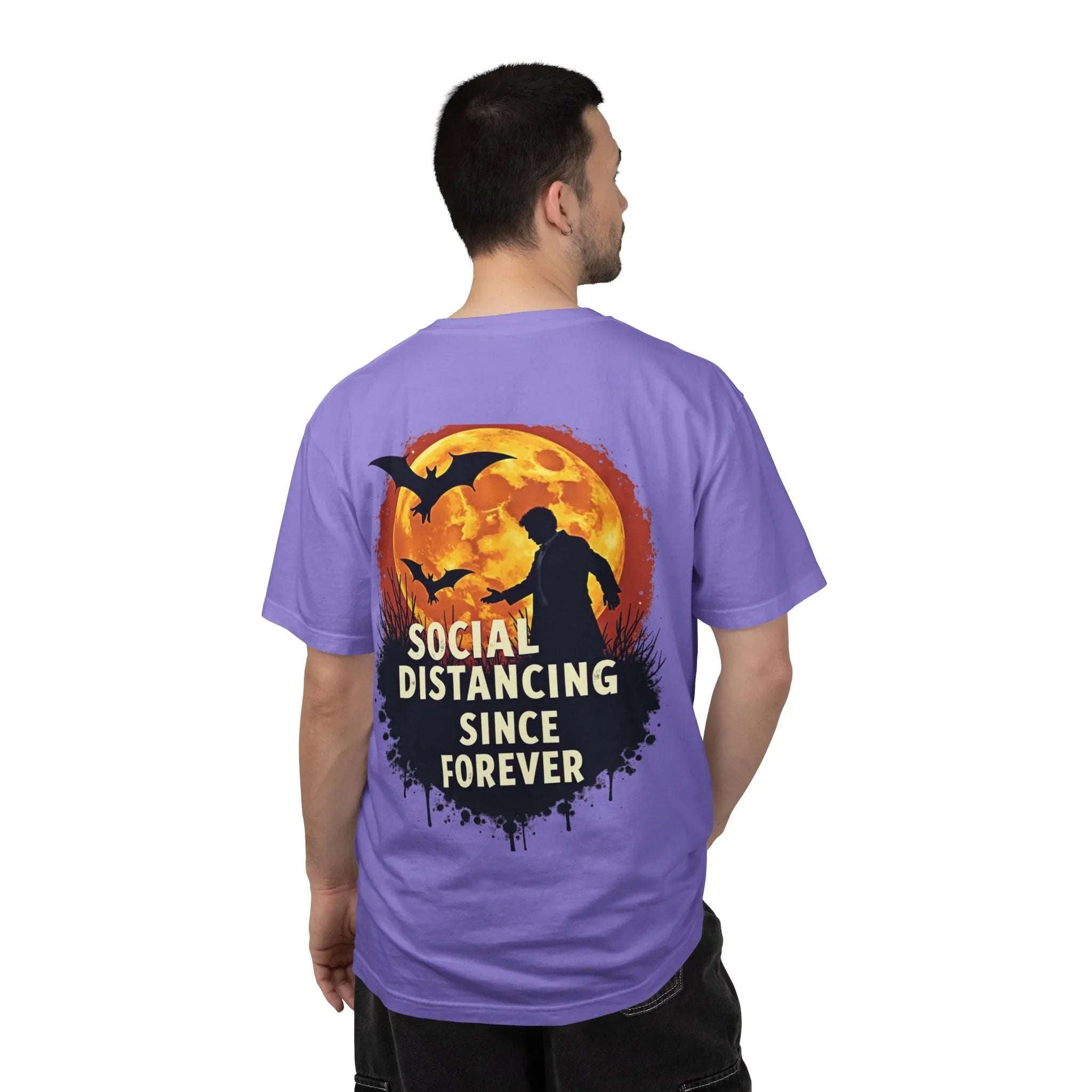 Social Distancing Since Forever Shirt, Funny Halloween Tee, Zombie Moon Bats T-Shirt, Spooky Introvert Gift, Goth Fall Vibes Violet