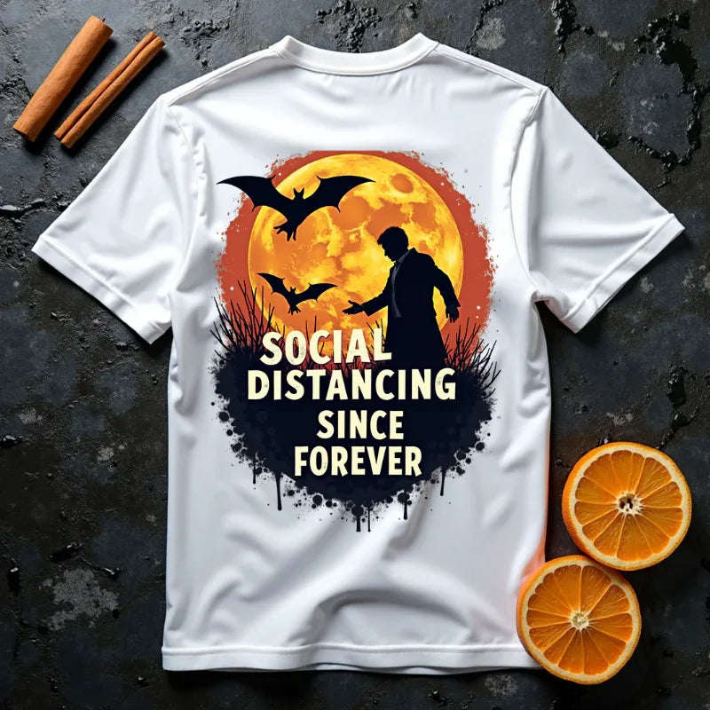 Social Distancing Since Forever Shirt, Funny Halloween Tee, Zombie Moon Bats T-Shirt, Spooky Introvert Gift, Goth Fall Vibes White