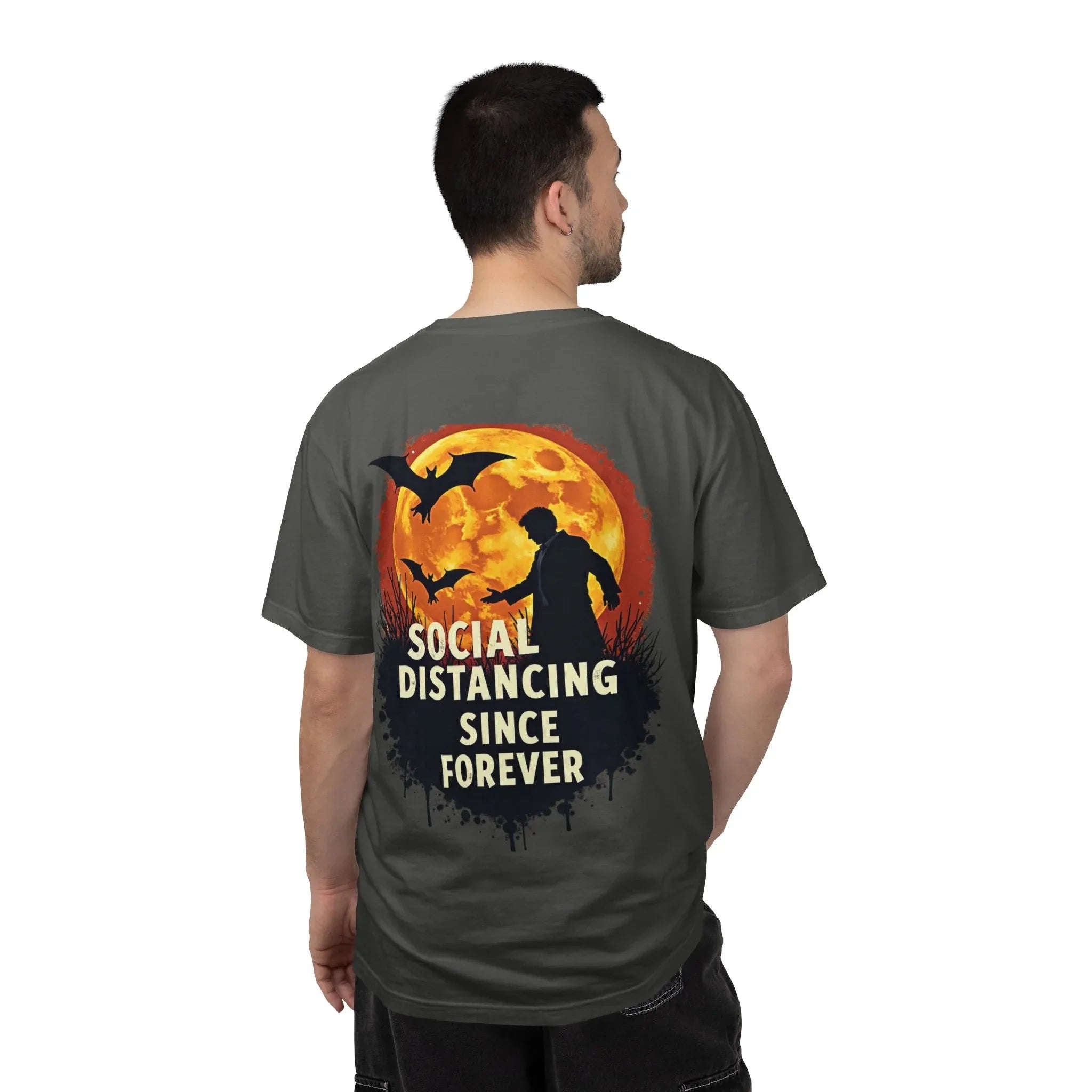 Social Distancing Since Forever Shirt, Funny Halloween Tee, Zombie Moon Bats T-Shirt, Spooky Introvert Gift, Goth Fall Vibes Pepper