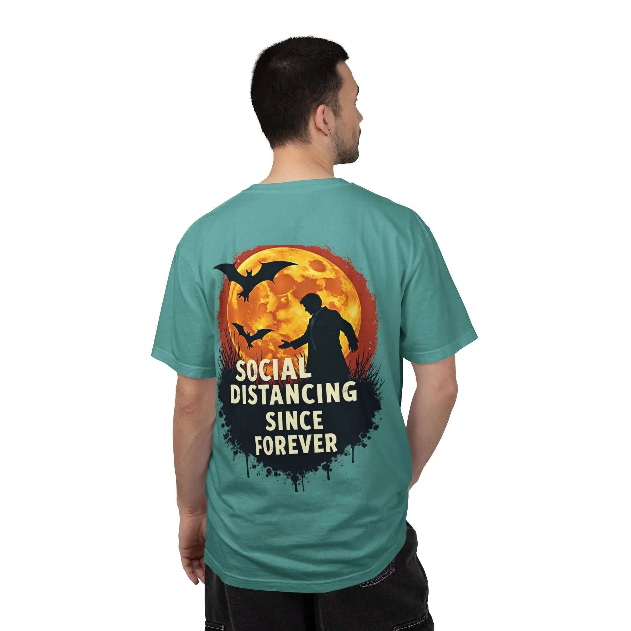 Social Distancing Since Forever Shirt, Funny Halloween Tee, Zombie Moon Bats T-Shirt, Spooky Introvert Gift, Goth Fall Vibes Seafoam