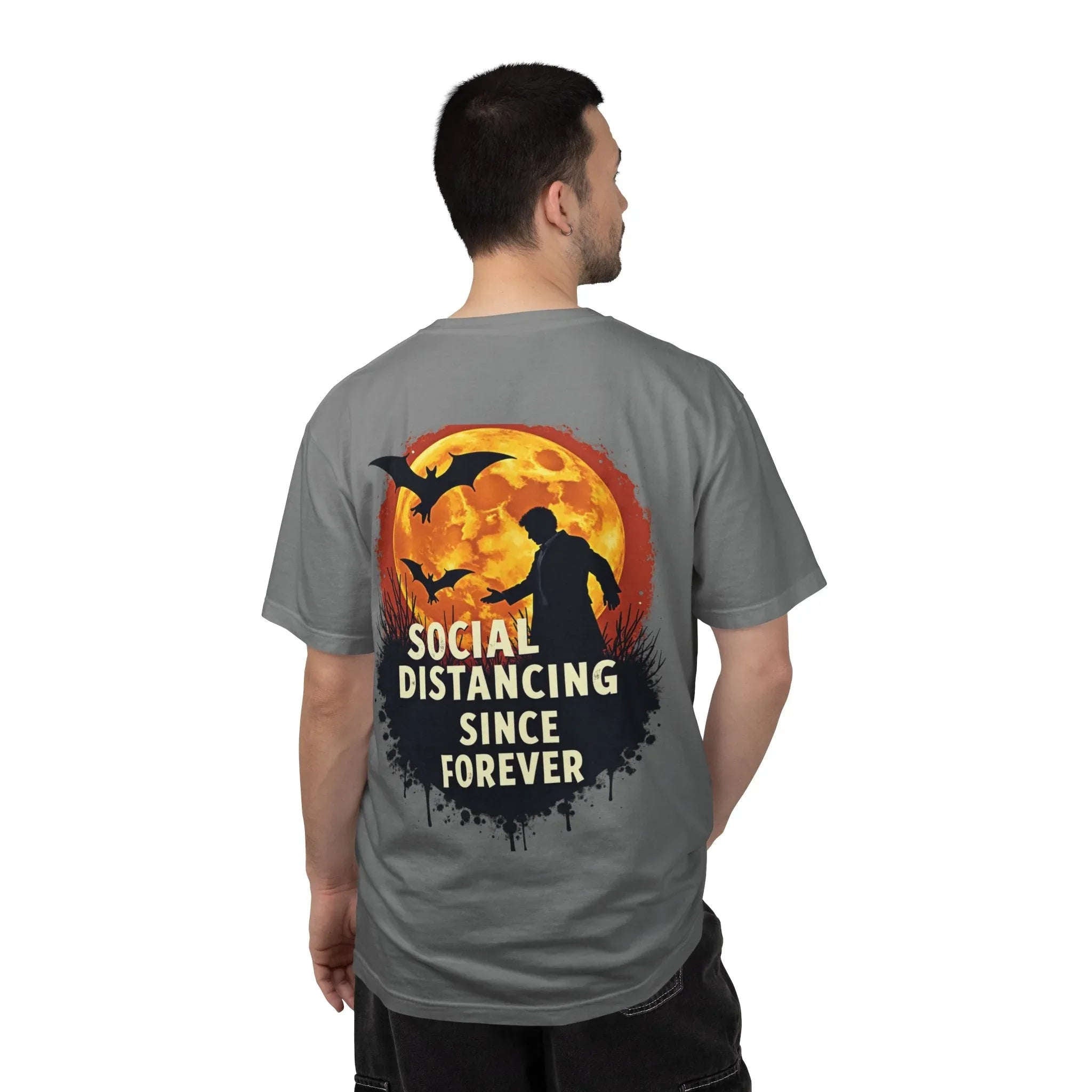 Social Distancing Since Forever Shirt, Funny Halloween Tee, Zombie Moon Bats T-Shirt, Spooky Introvert Gift, Goth Fall Vibes Grey