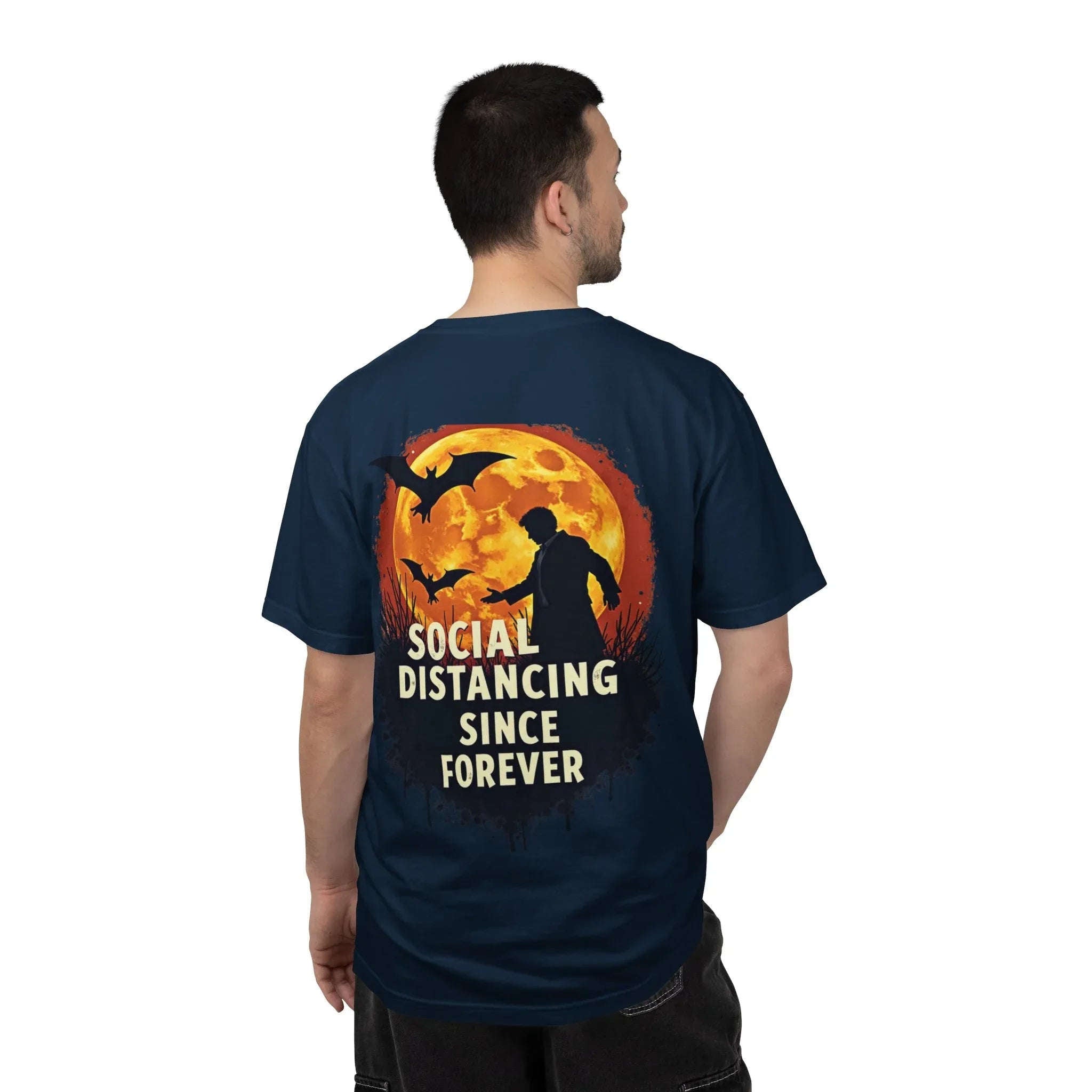Social Distancing Since Forever Shirt, Funny Halloween Tee, Zombie Moon Bats T-Shirt, Spooky Introvert Gift, Goth Fall Vibes True Navy