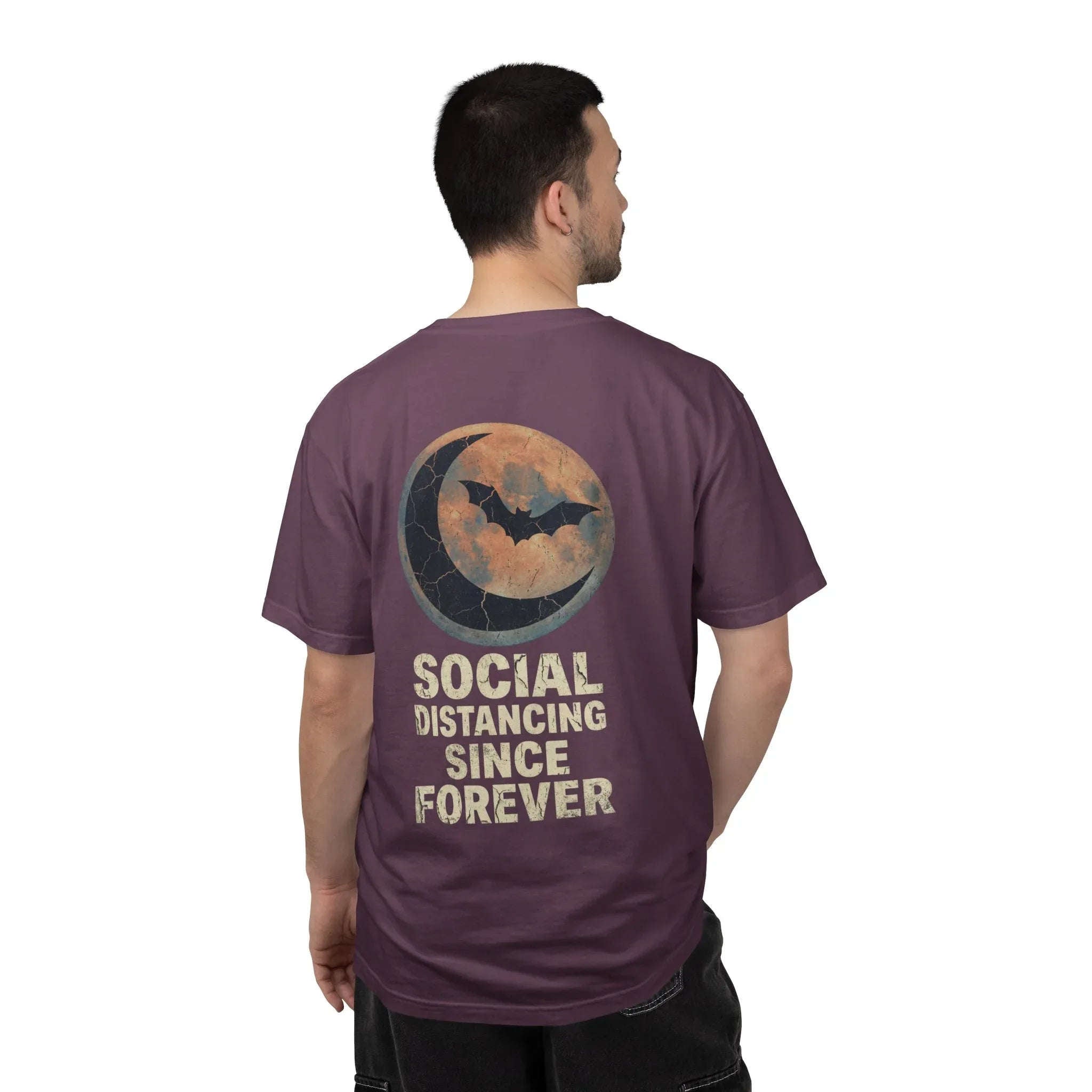 Social Distancing Since Forever T-Shirt | Retro Moon Bat Graphic Tee | Vintage Gothic Halloween Shirt Berry M