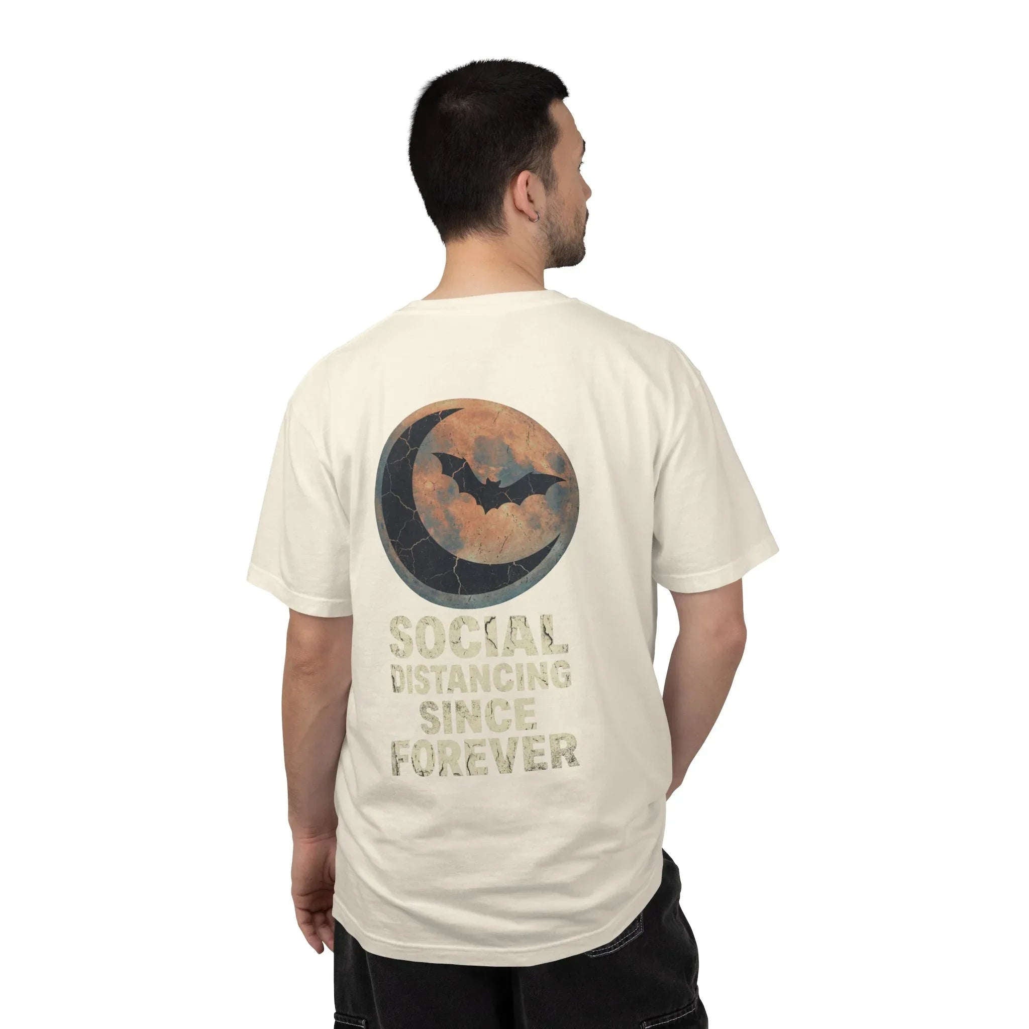 Social Distancing Since Forever T-Shirt | Retro Moon Bat Graphic Tee | Vintage Gothic Halloween Shirt Ivory