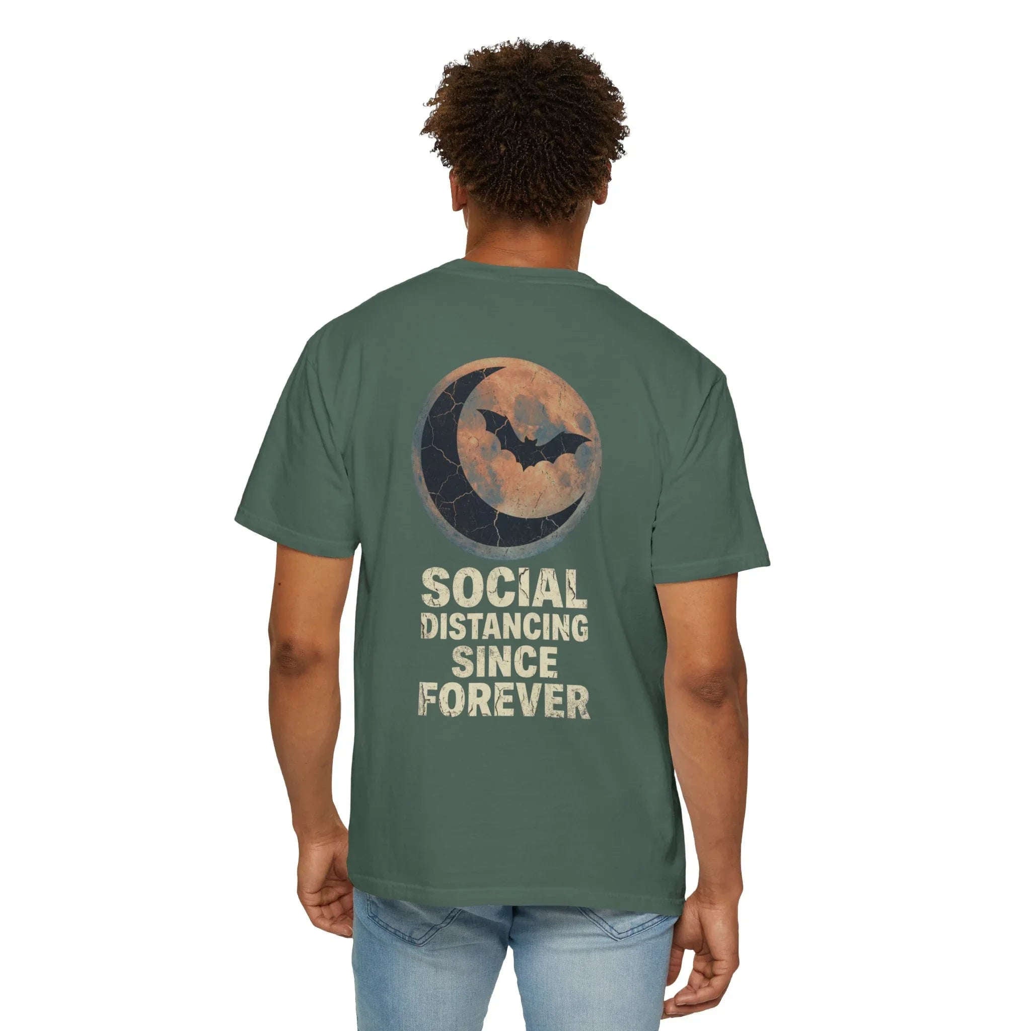 Social Distancing Since Forever T-Shirt | Retro Moon Bat Graphic Tee | Vintage Gothic Halloween Shirt