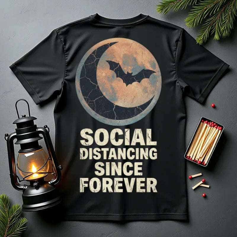 Social Distancing Since Forever T-Shirt | Retro Moon Bat Graphic Tee | Vintage Gothic Halloween Shirt Black