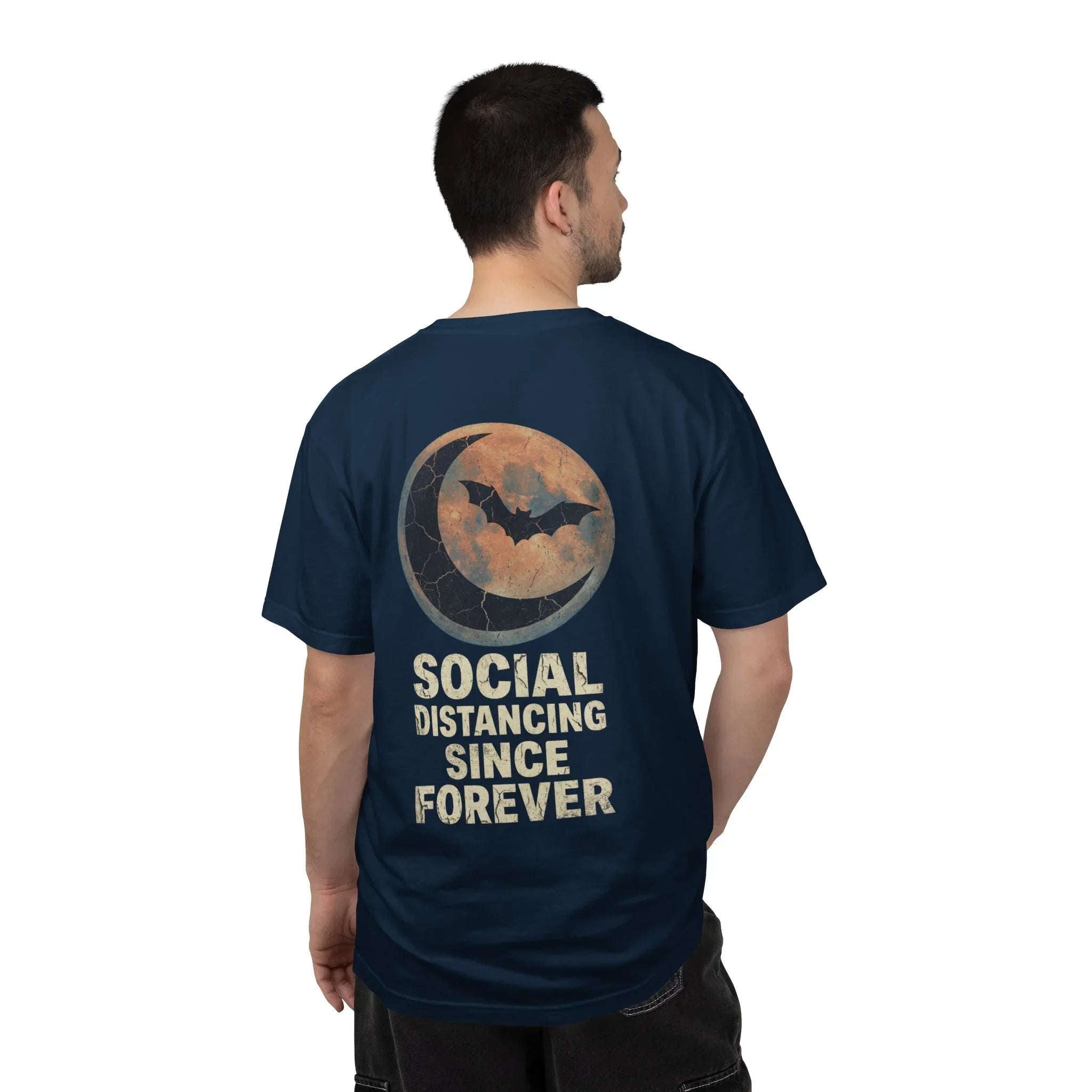 Social Distancing Since Forever T-Shirt | Retro Moon Bat Graphic Tee | Vintage Gothic Halloween Shirt True Navy