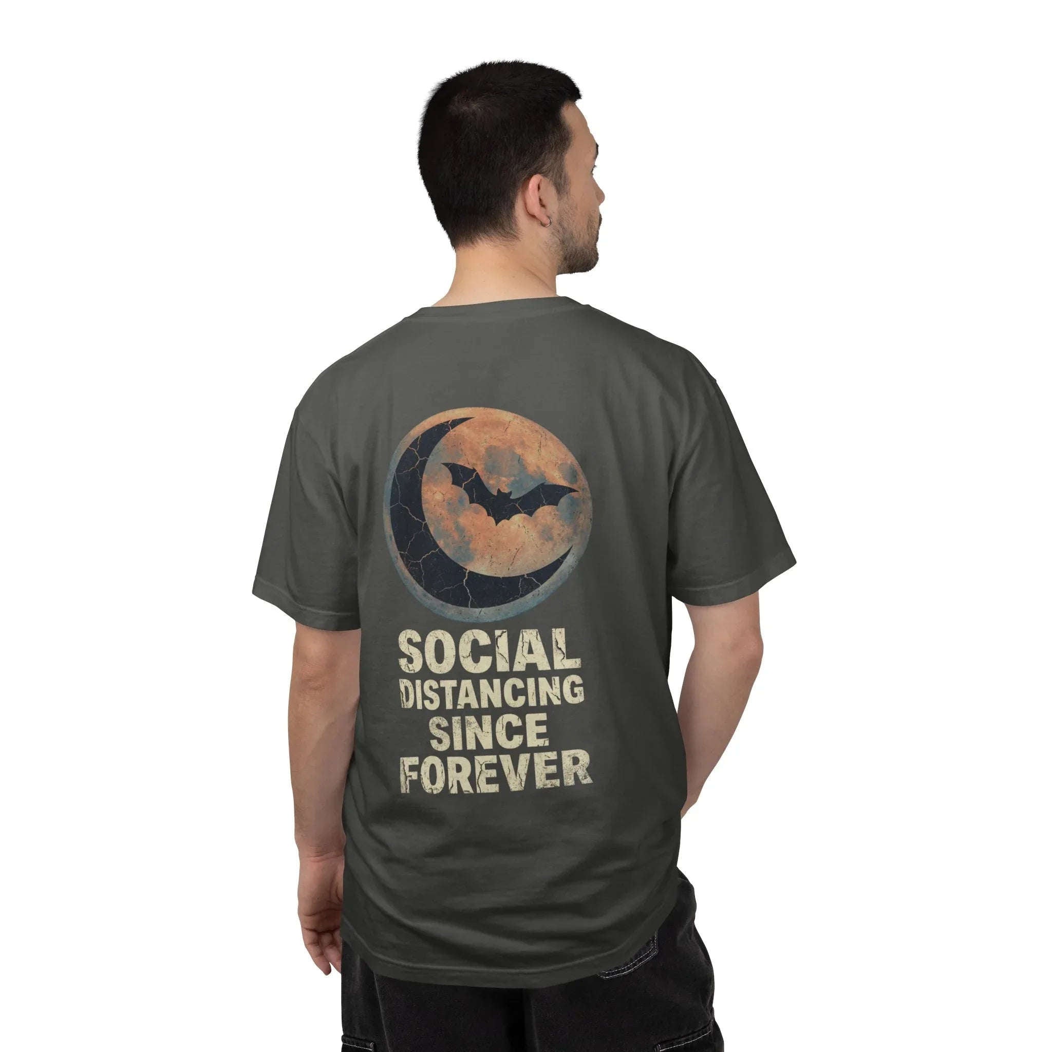 Social Distancing Since Forever T-Shirt | Retro Moon Bat Graphic Tee | Vintage Gothic Halloween Shirt Pepper