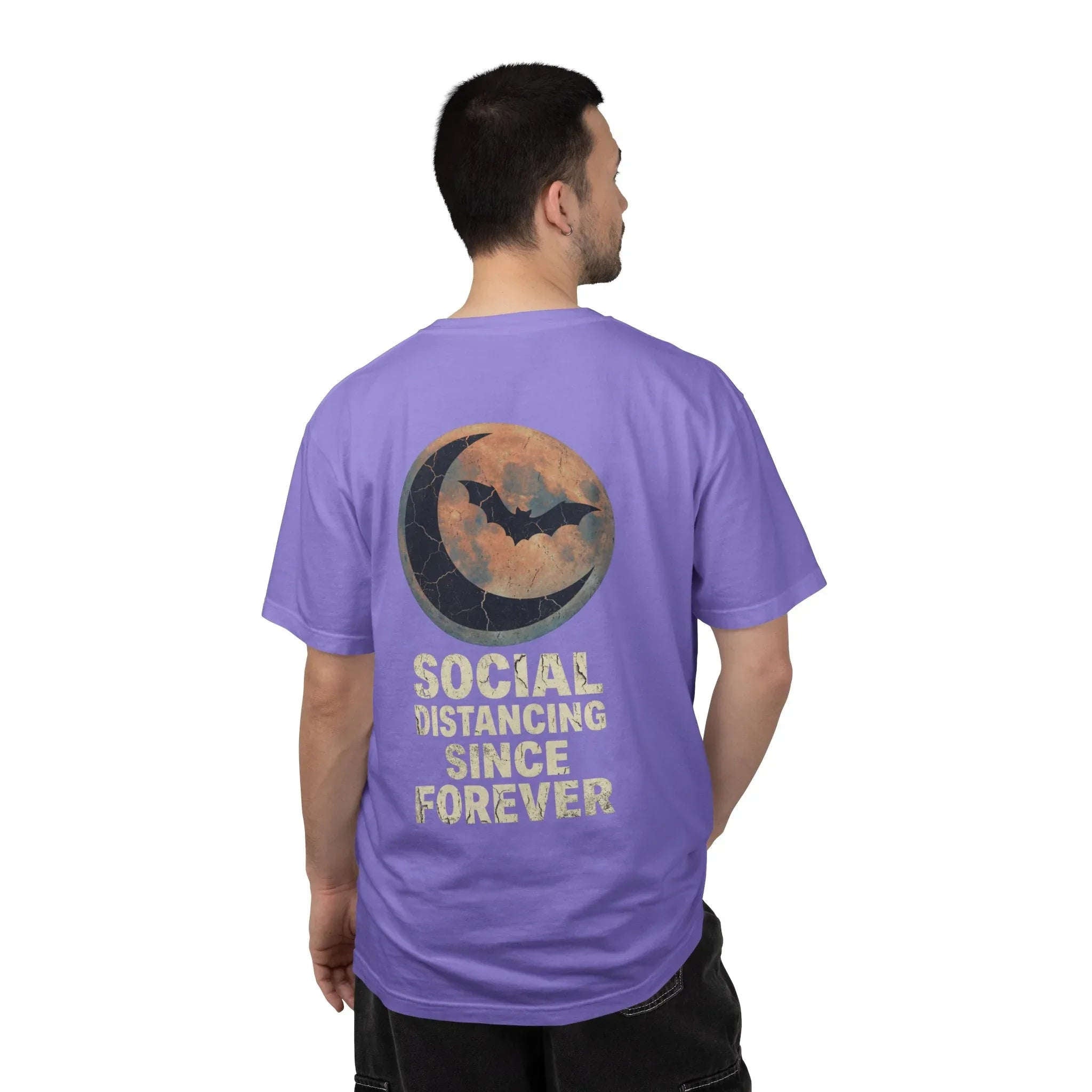 Social Distancing Since Forever T-Shirt | Retro Moon Bat Graphic Tee | Vintage Gothic Halloween Shirt Violet