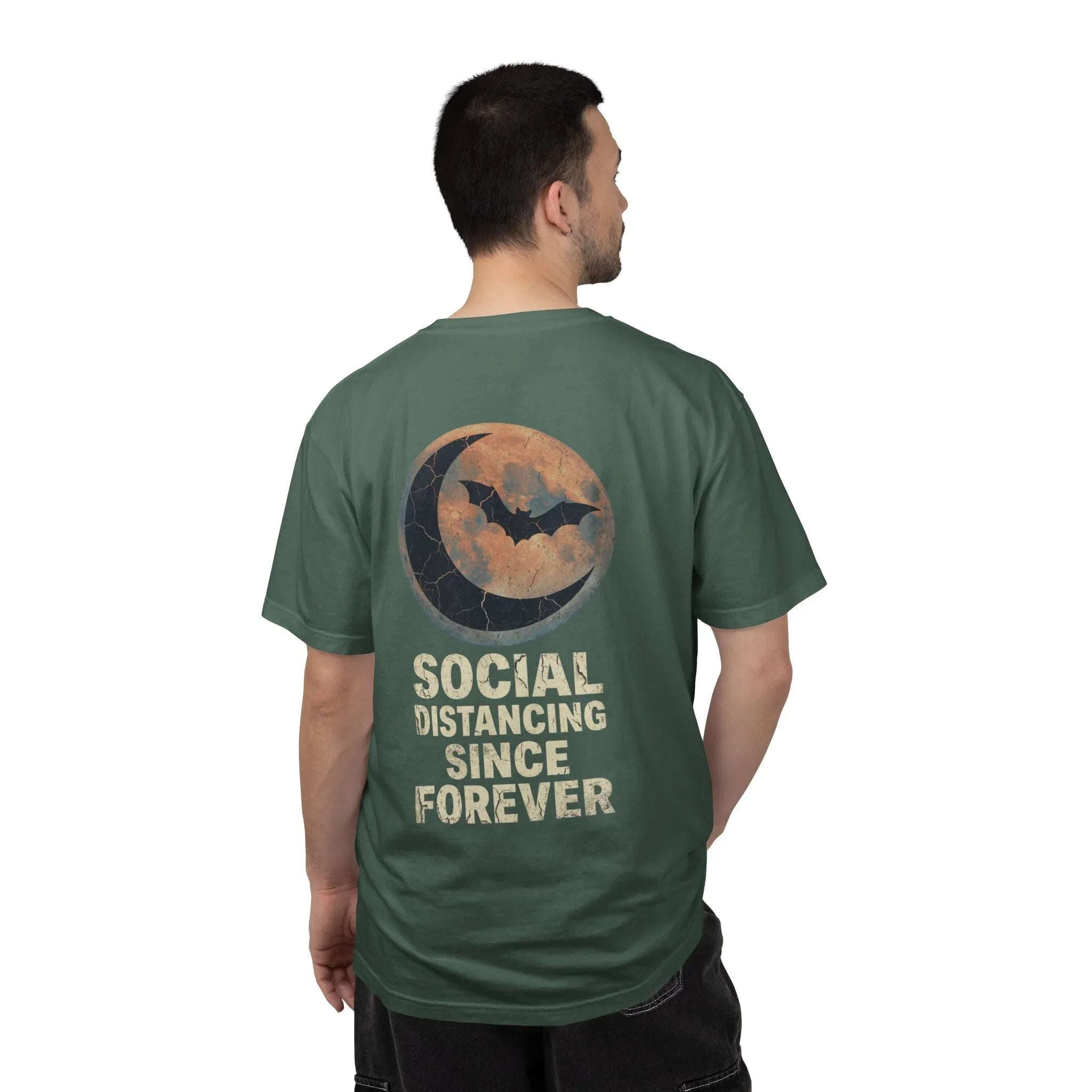 Social Distancing Since Forever T-Shirt | Retro Moon Bat Graphic Tee | Vintage Gothic Halloween Shirt Blue Spruce