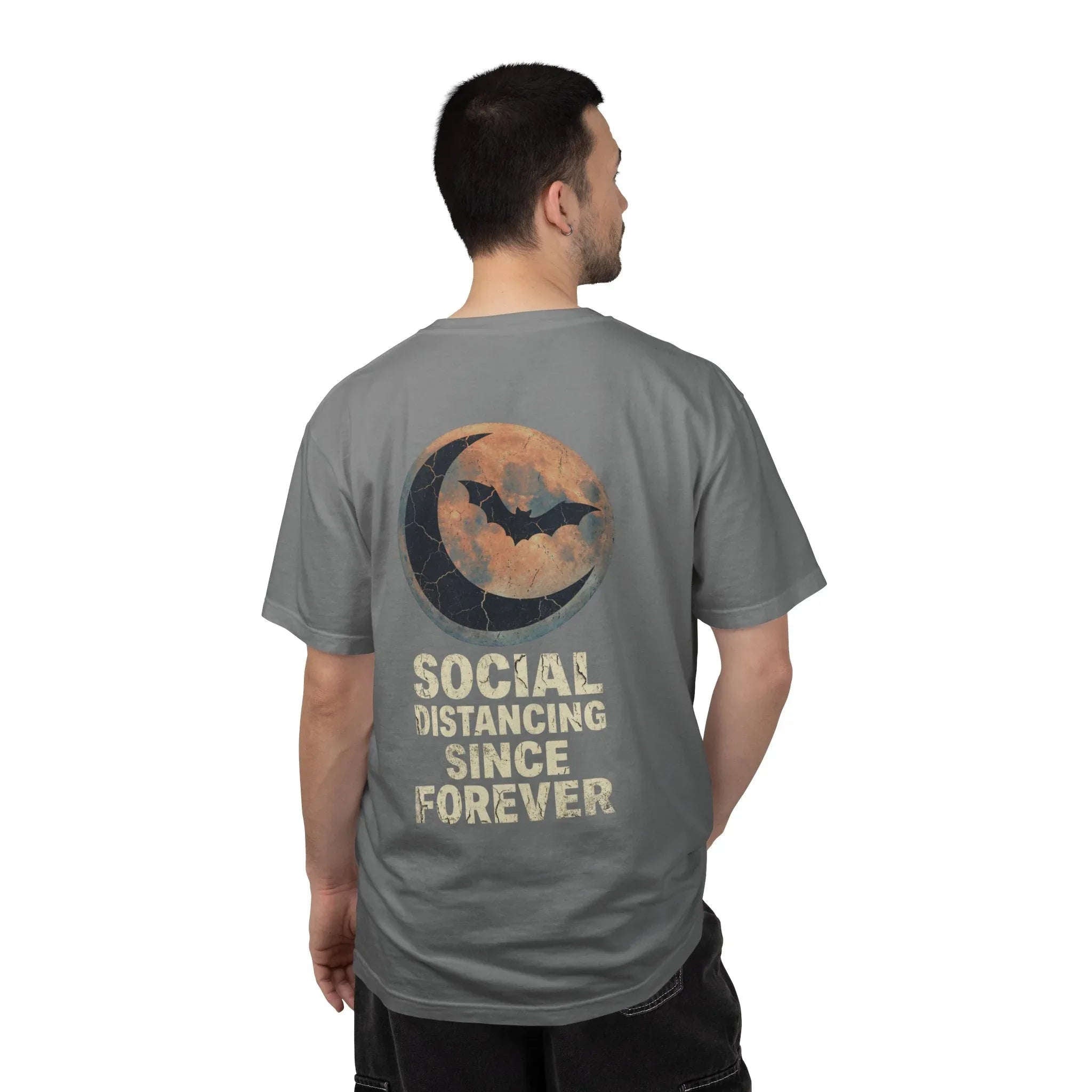 Social Distancing Since Forever T-Shirt | Retro Moon Bat Graphic Tee | Vintage Gothic Halloween Shirt Grey