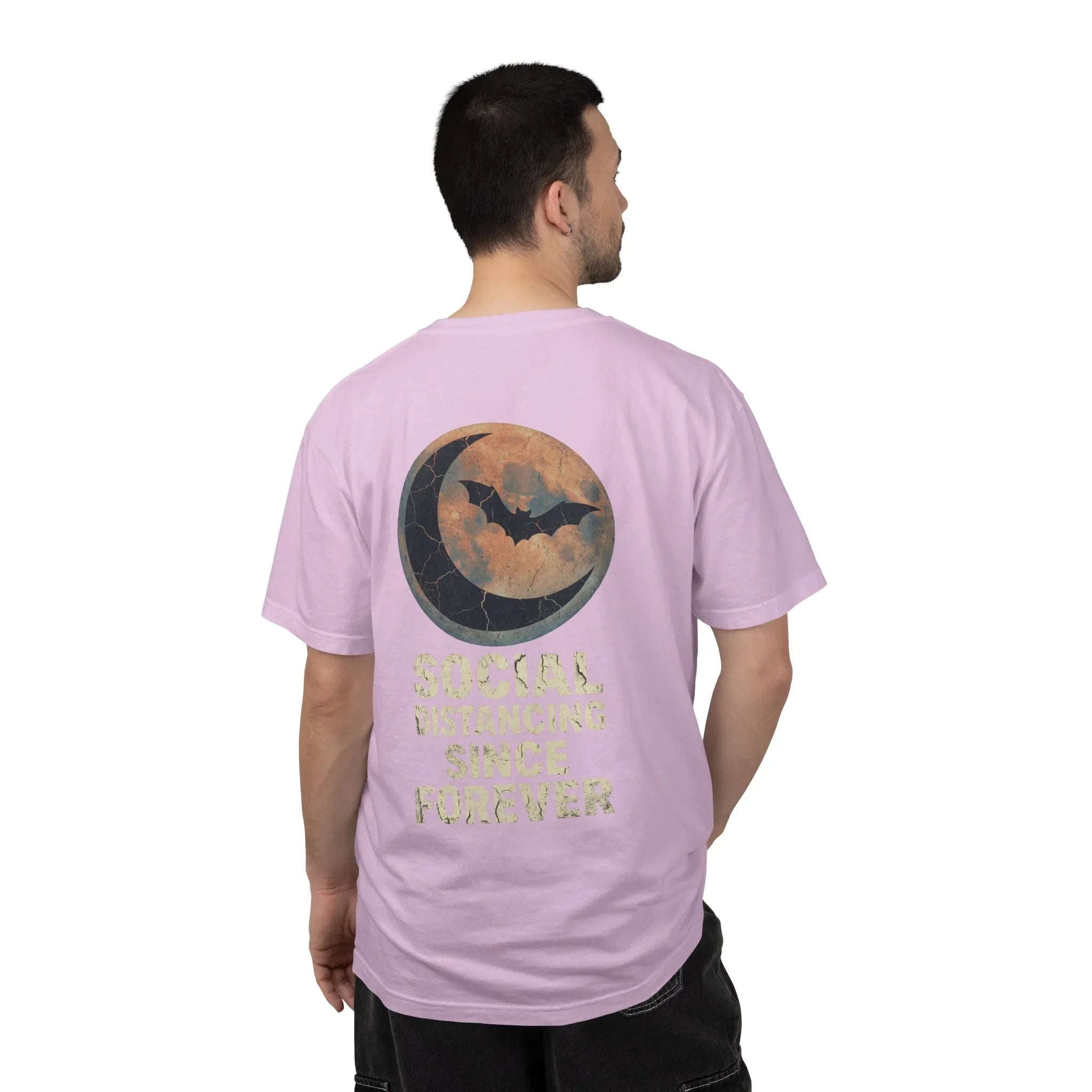 Social Distancing Since Forever T-Shirt | Retro Moon Bat Graphic Tee | Vintage Gothic Halloween Shirt Orchid