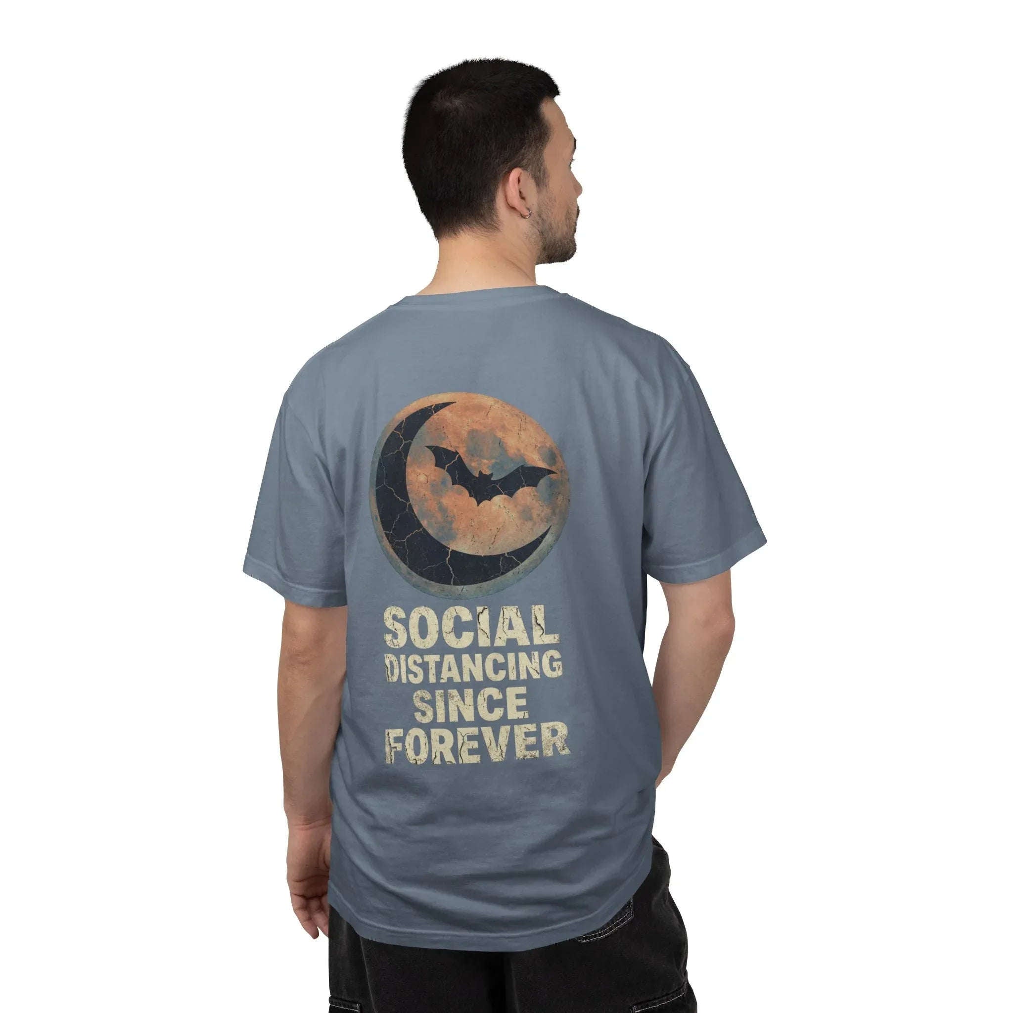 Social Distancing Since Forever T-Shirt | Retro Moon Bat Graphic Tee | Vintage Gothic Halloween Shirt Blue Jean