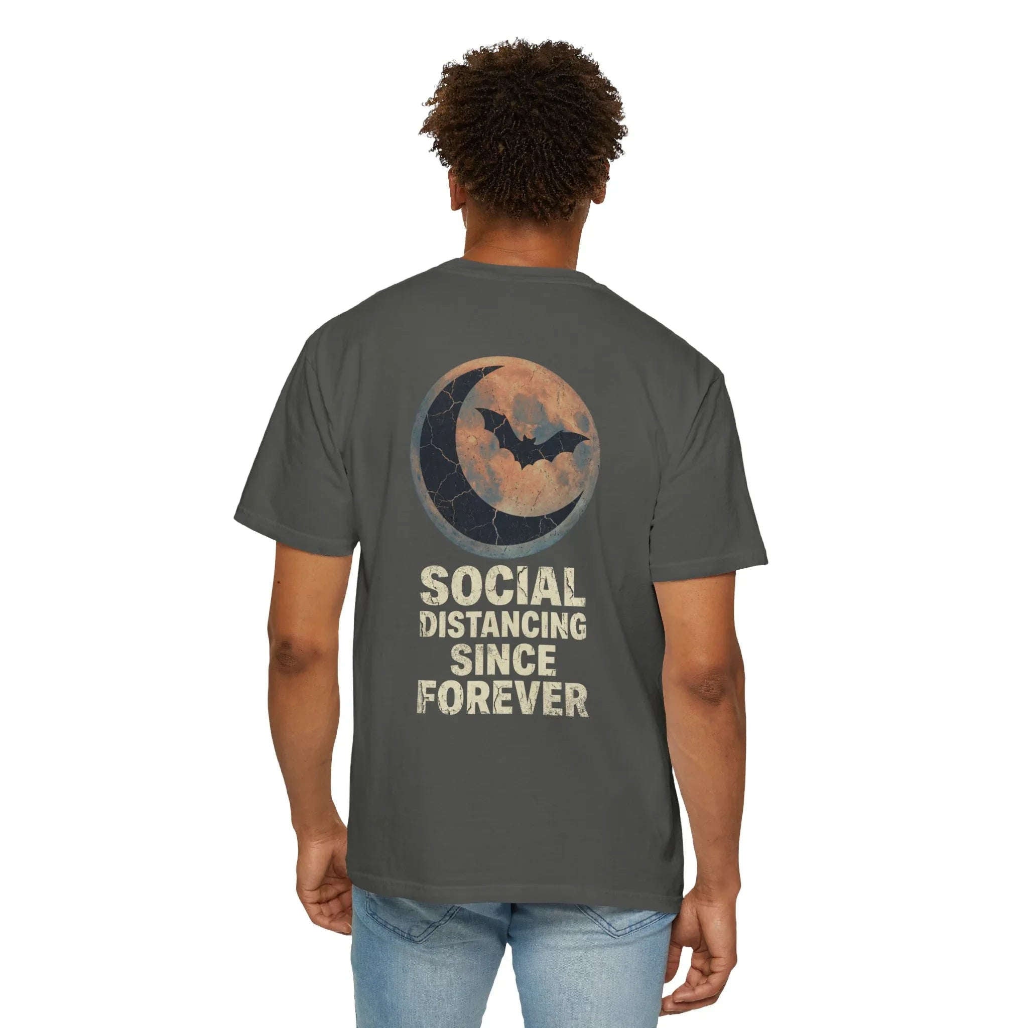 Social Distancing Since Forever T-Shirt | Retro Moon Bat Graphic Tee | Vintage Gothic Halloween Shirt