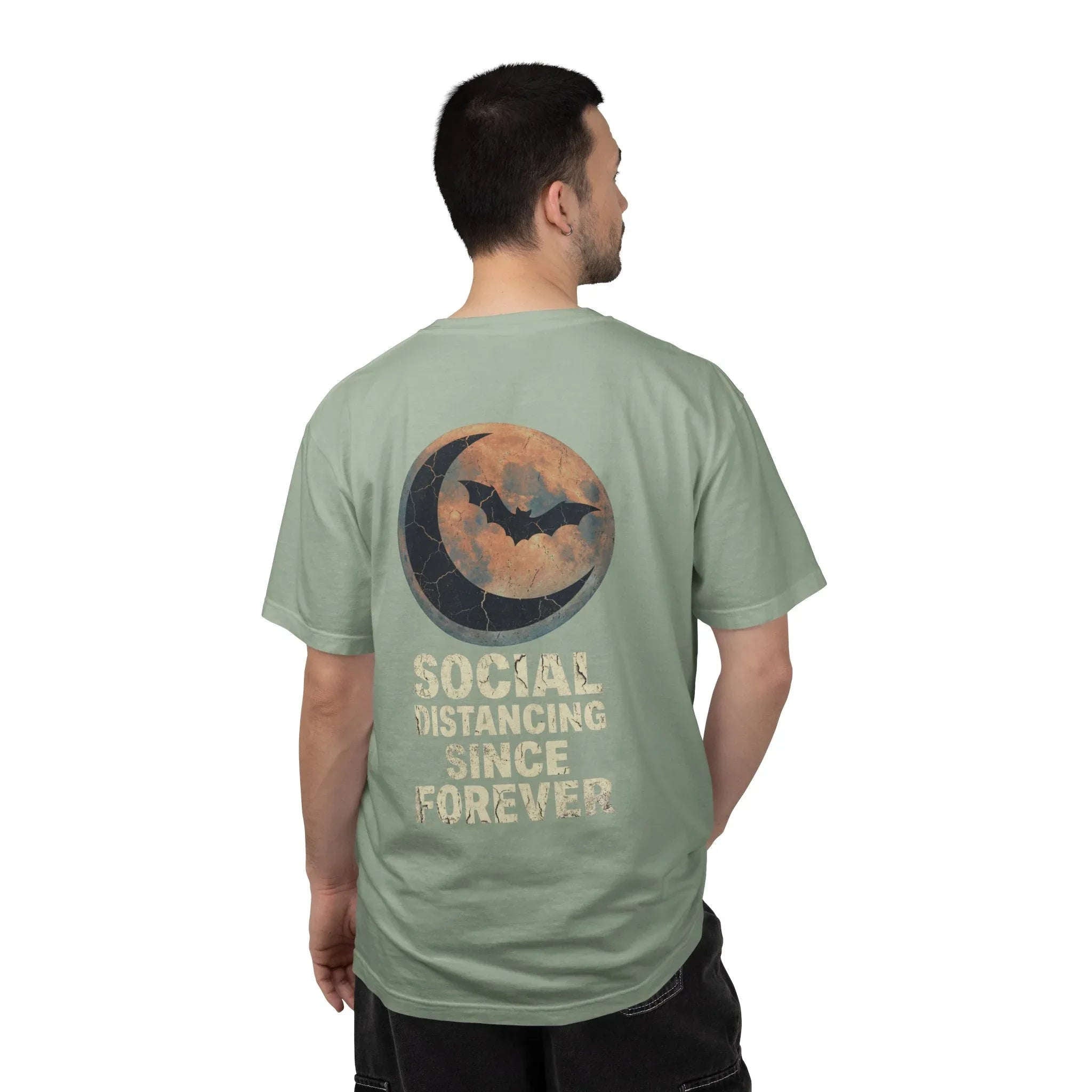 Social Distancing Since Forever T-Shirt | Retro Moon Bat Graphic Tee | Vintage Gothic Halloween Shirt Bay