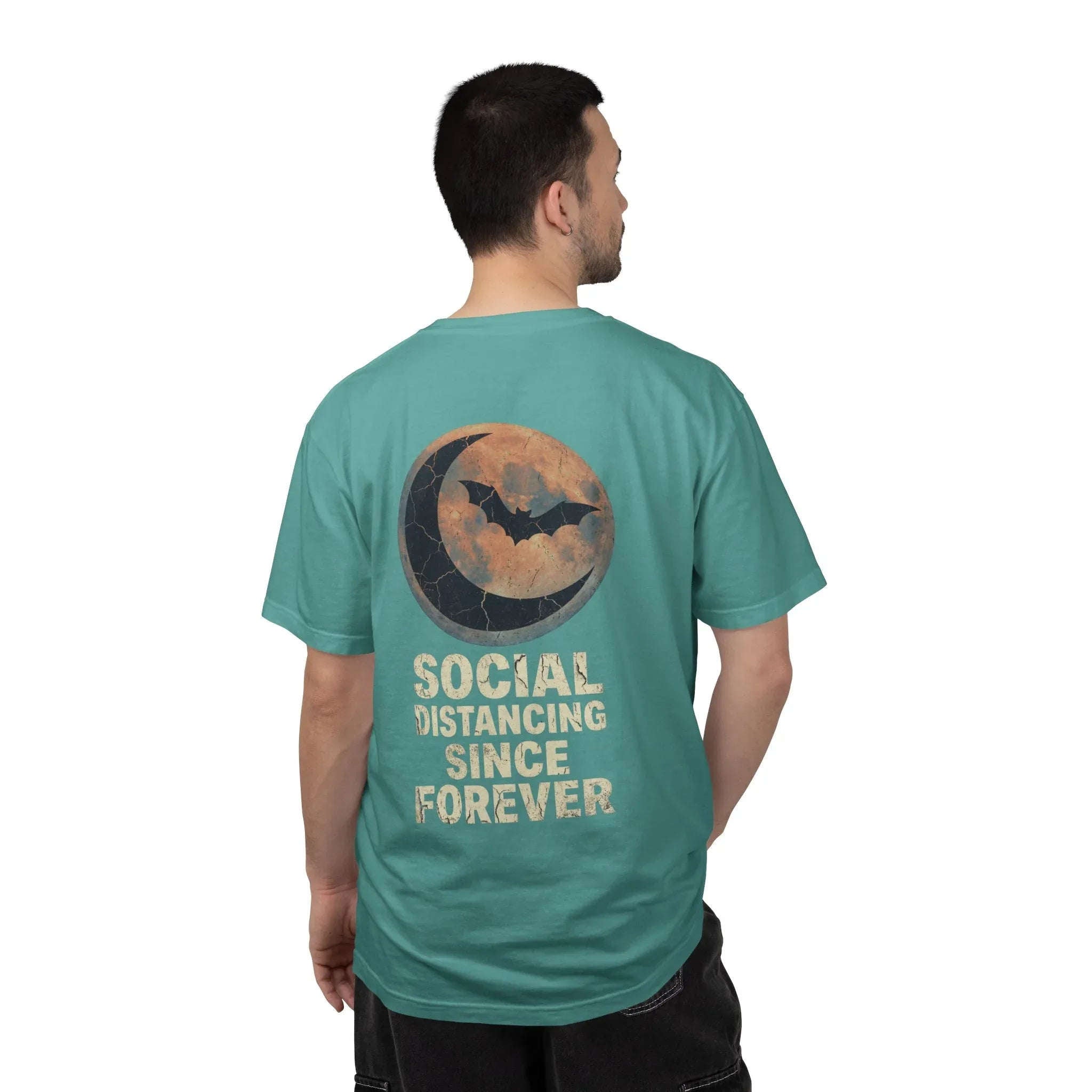 Social Distancing Since Forever T-Shirt | Retro Moon Bat Graphic Tee | Vintage Gothic Halloween Shirt Seafoam