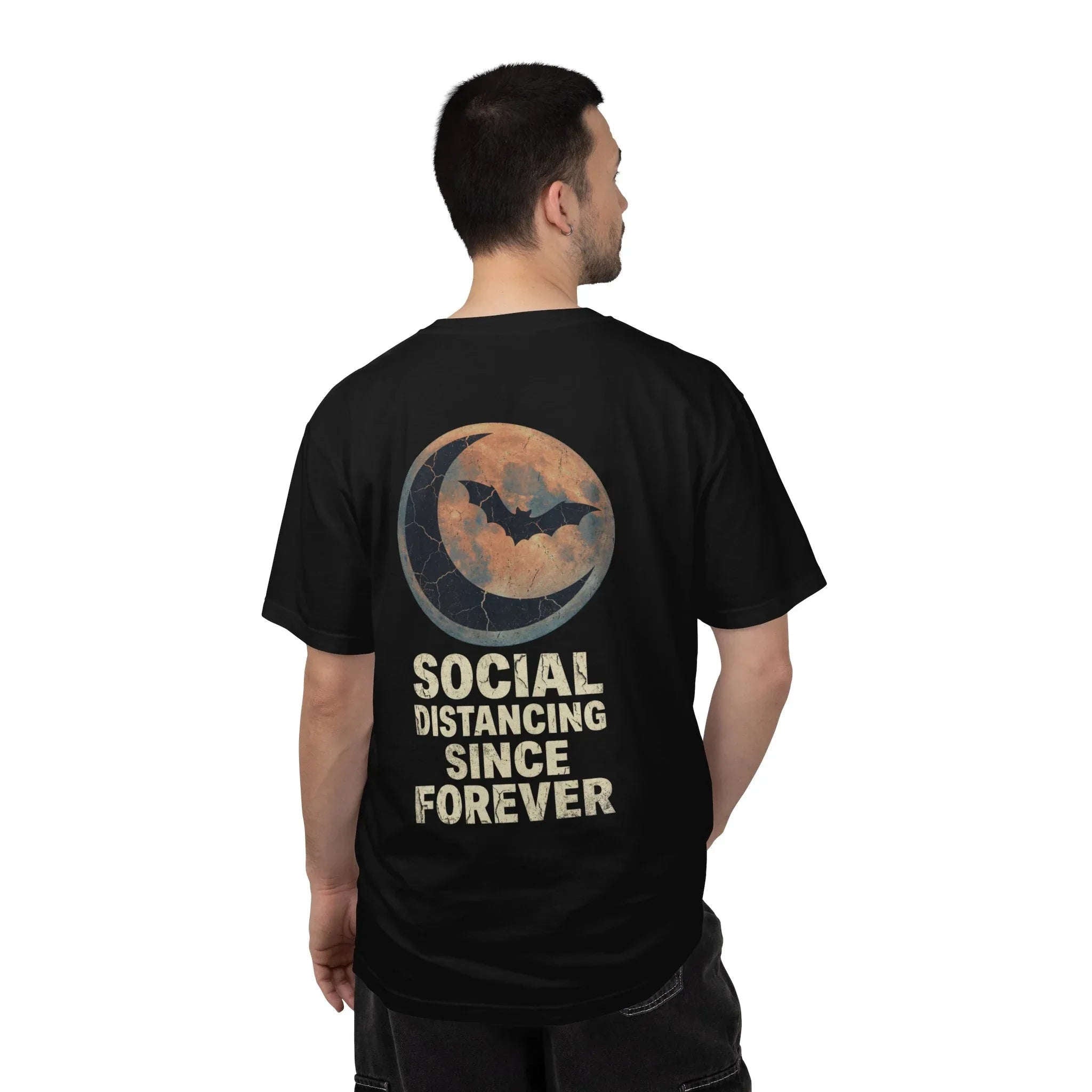 Social Distancing Since Forever T-Shirt | Retro Moon Bat Graphic Tee | Vintage Gothic Halloween Shirt