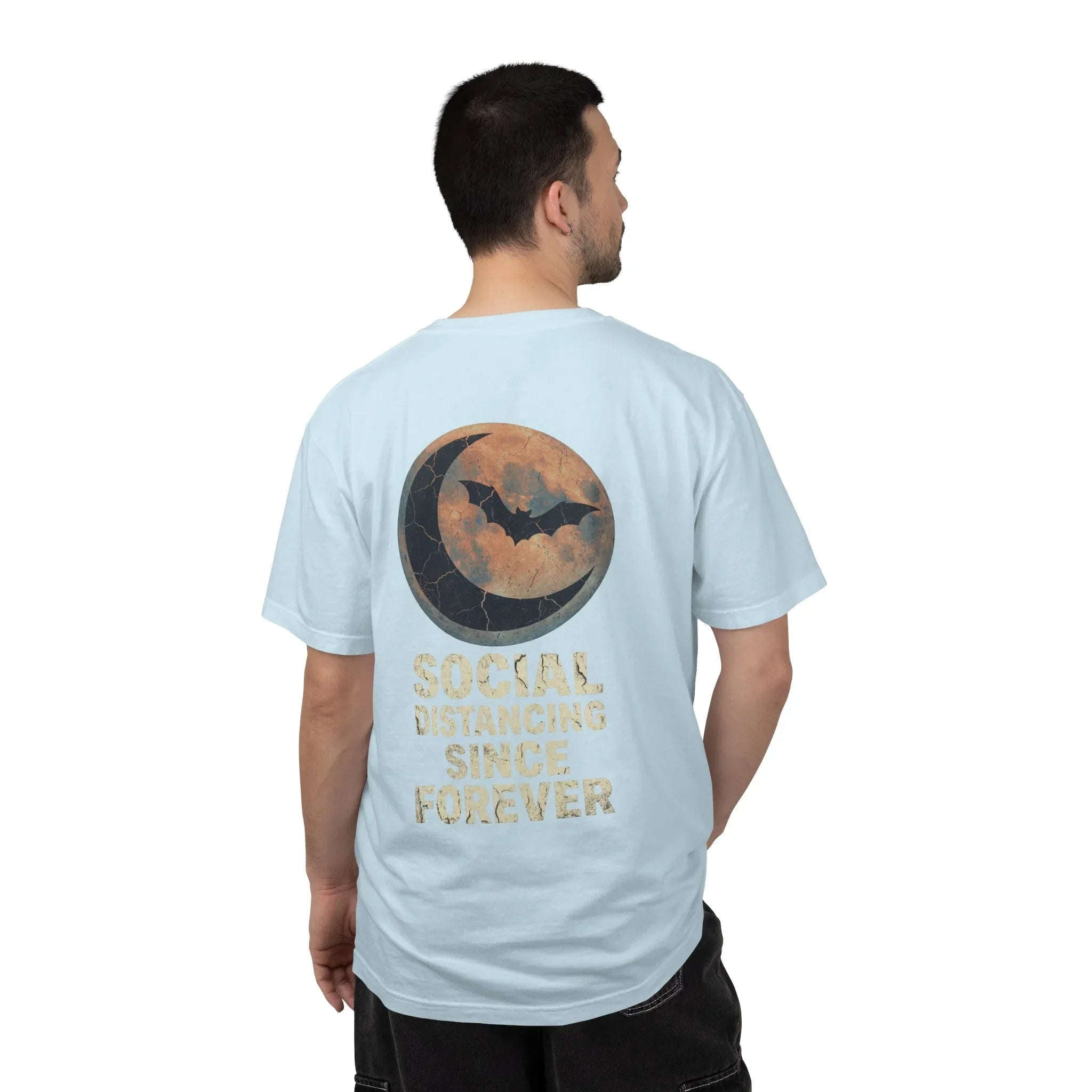 Social Distancing Since Forever T-Shirt | Retro Moon Bat Graphic Tee | Vintage Gothic Halloween Shirt Chambray