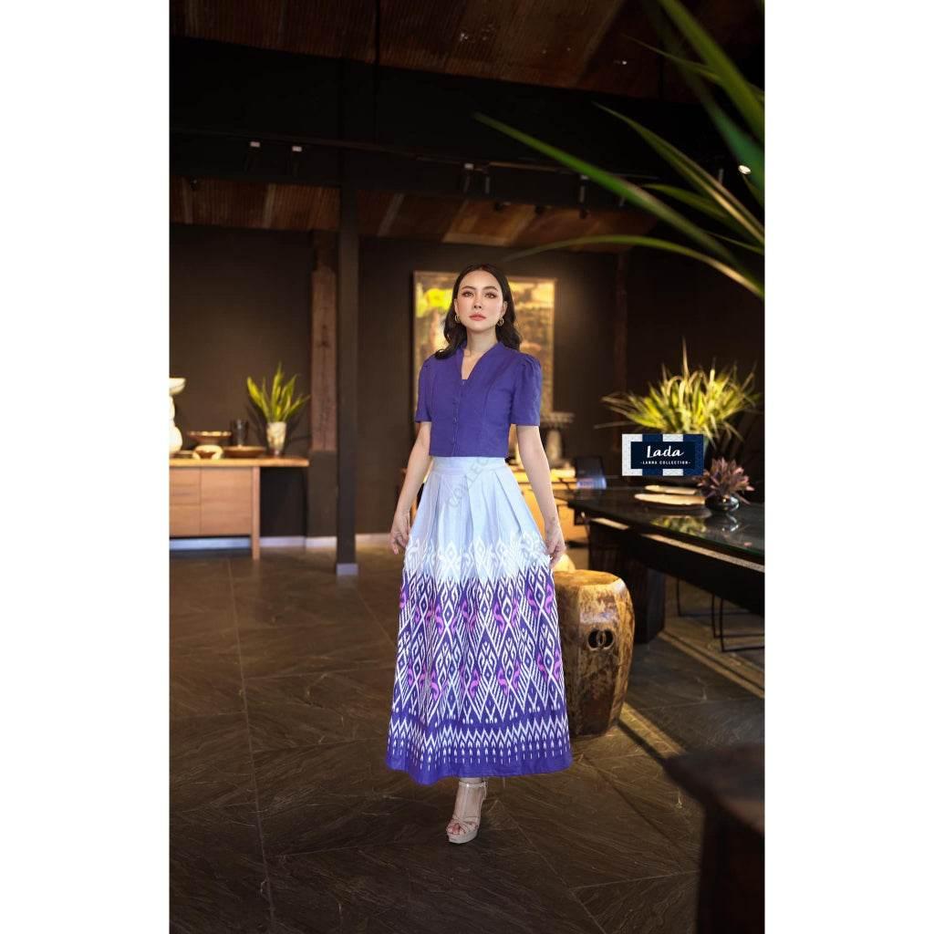 Soft Color Cotton Two-Piece Set for Women with Collar Top & Pleated Skirt in Mustard Yellow, Sky Blue & Purple - Flattering Fit