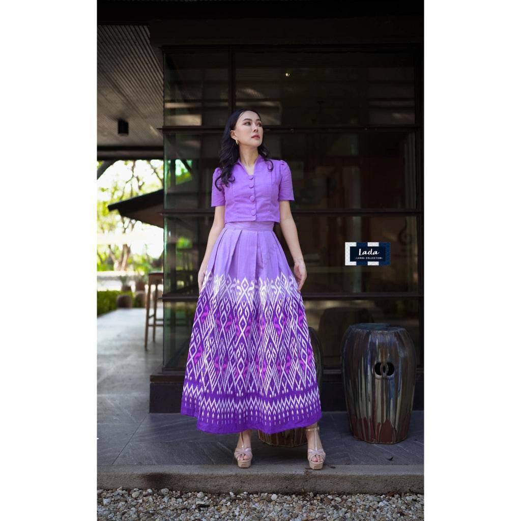 Soft Color Cotton Two-Piece Set for Women with Collar Top & Pleated Skirt in Mustard Yellow, Sky Blue & Purple - Flattering Fit