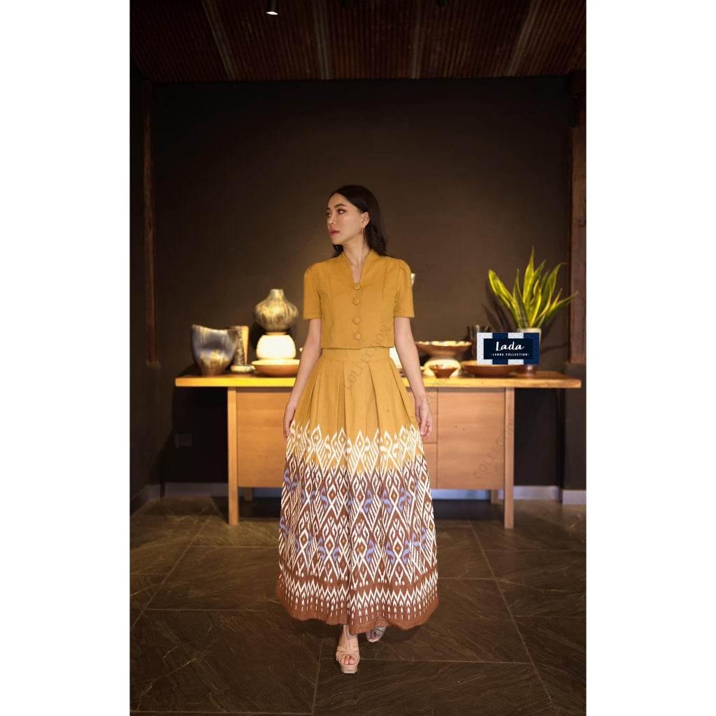 Soft Color Cotton Two-Piece Set for Women with Collar Top & Pleated Skirt in Mustard Yellow, Sky Blue & Purple - Flattering Fit