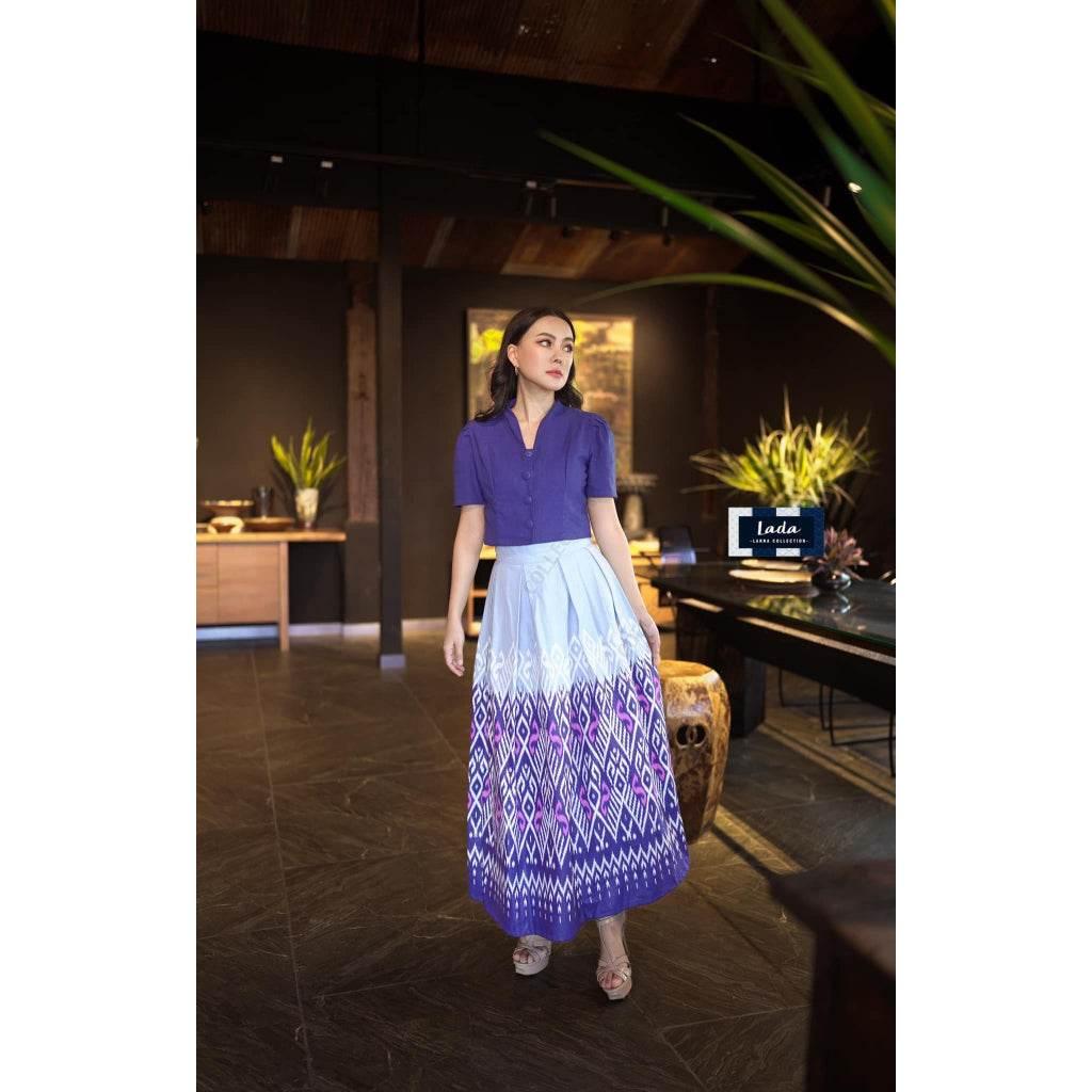 Soft Color Cotton Two-Piece Set for Women with Collar Top & Pleated Skirt in Mustard Yellow, Sky Blue & Purple - Flattering Fit