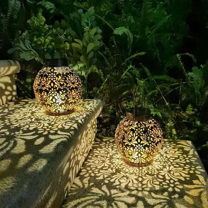 Solar LED Lantern with Hollow Wrought Iron Design – Waterproof Outdoor Hanging Projection Lamp for Garden and Yard Decor