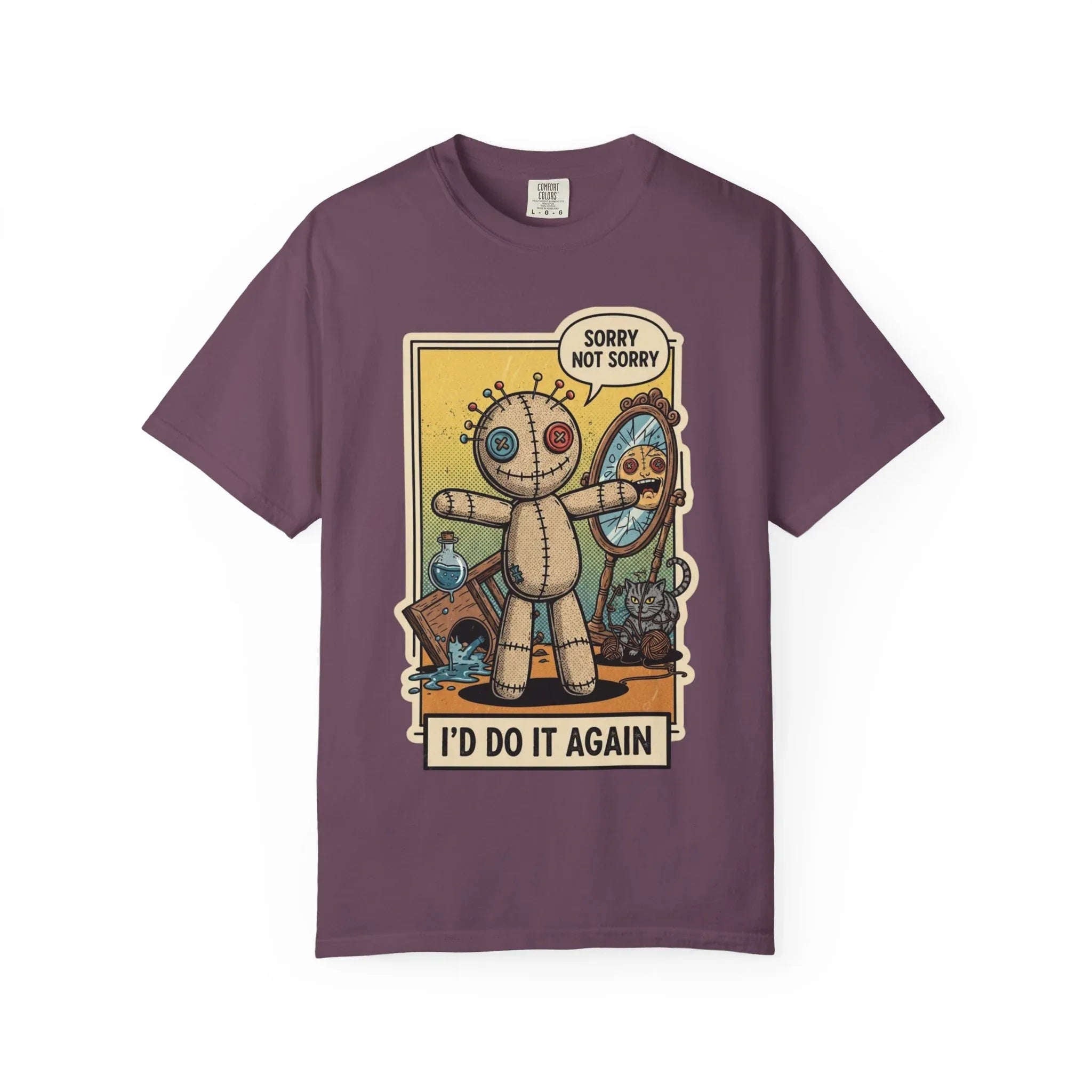 Sorry Not Sorry Voodoo Doll Shirt - Sarcastic "I'd Do It Again" Graphic Tee - Retro Comic Dark Humor T-Shirt - Vintage Black Cat Aesthetic Streetwear - Unapologetic Mood Gift Berry