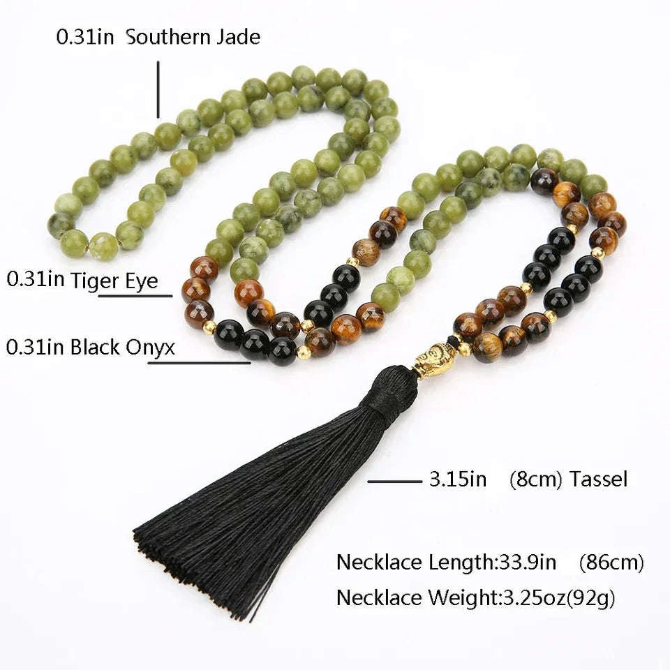 🔴 Southern Red Agate, Tiger Eye & Black Onyx 108 Mala Beads (8mm): The Triad of Vitality, Wealth & Protection – Root Chakra Healing Meditation Necklace