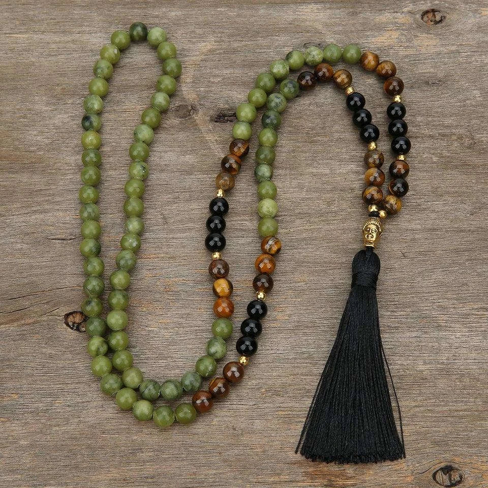 🔴 Southern Red Agate, Tiger Eye & Black Onyx 108 Mala Beads (8mm): The Triad of Vitality, Wealth & Protection – Root Chakra Healing Meditation Necklace