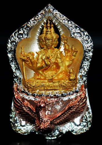 ✨ Supreme Siam Brahma Deity Medallion – Four‑Faced Blessings, Wisdom & Prosperity Amulet by Luang Pu Khampheng, Makha Ngam Hermitage, Kamphaeng Phet 3k gold-plated bronze statue.
