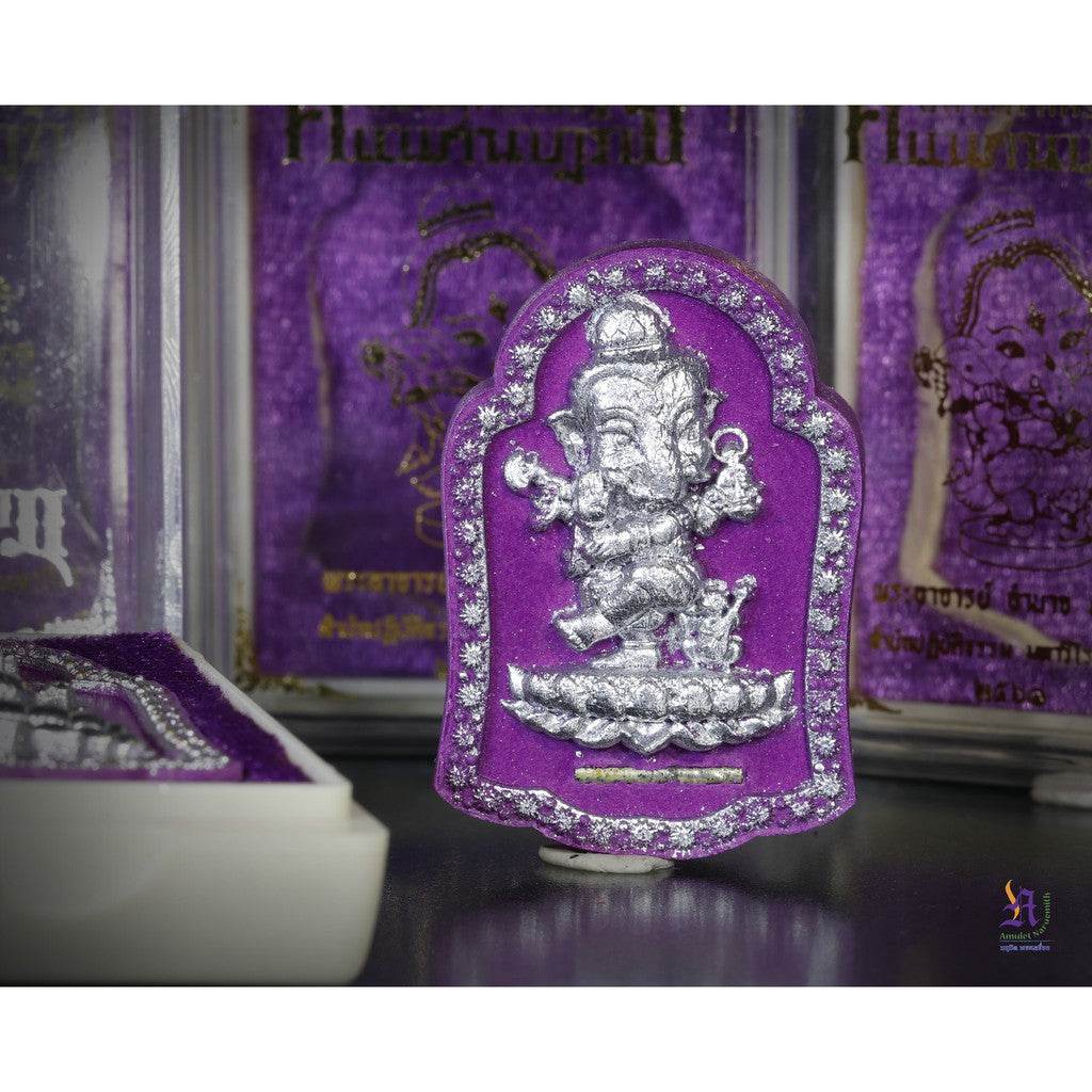 Thai Ganesh Coin Amulet - Pink Ganesh Coin for Prosperity and Protection ม่วงลายเงิน
