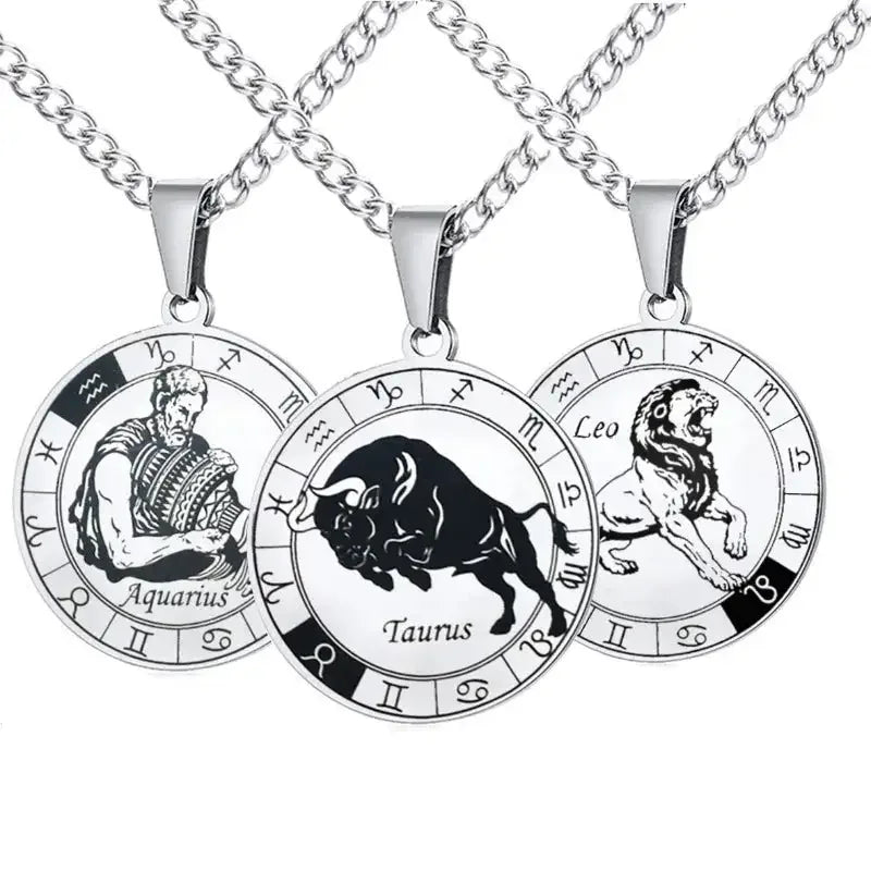 ✨ Stainless Steel 12 Zodiac Sign Necklace – Unisex Constellation Pendant Jewelry Birthday Gifts for Men & Women
