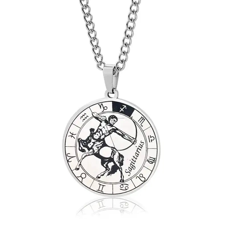 ✨ Stainless Steel 12 Zodiac Sign Necklace – Unisex Constellation Pendant Jewelry Birthday Gifts for Men & Women Sagittarius