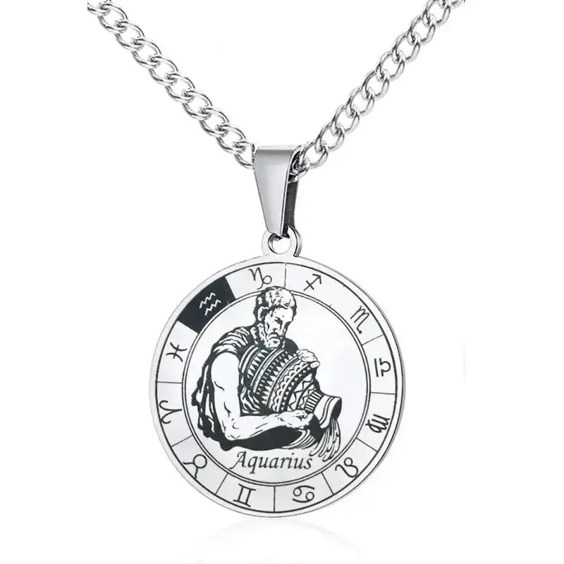 ✨ Stainless Steel 12 Zodiac Sign Necklace – Unisex Constellation Pendant Jewelry Birthday Gifts for Men & Women Aquarius