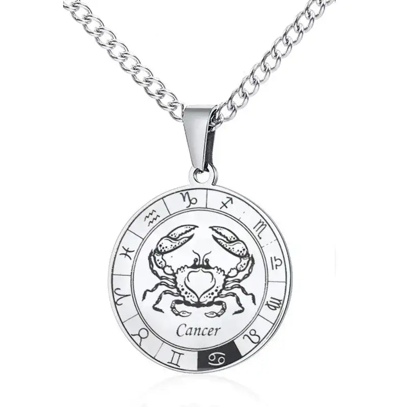 ✨ Stainless Steel 12 Zodiac Sign Necklace – Unisex Constellation Pendant Jewelry Birthday Gifts for Men & Women Cancer