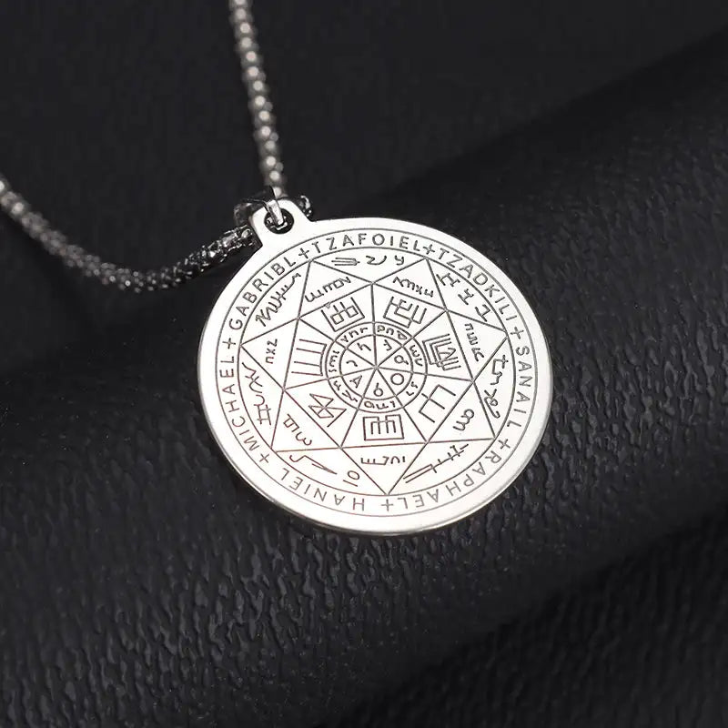 ✨ Stainless Steel 7 Archangel Seal Necklace – Solomon Kabbalah Seal Pendant | Men’s Supernatural Protection Amulet & Magical Jewelry A6720-Silver