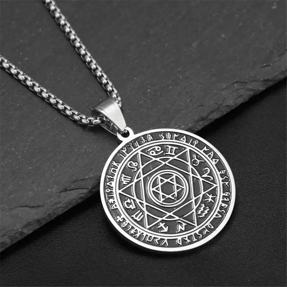 ✨ Stainless Steel 7 Archangel Seal Necklace – Solomon Kabbalah Seal Pendant | Men’s Supernatural Protection Amulet & Magical Jewelry AL12894-Silver