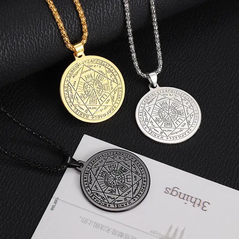 ✨ Stainless Steel 7 Archangel Seal Necklace – Solomon Kabbalah Seal Pendant | Men’s Supernatural Protection Amulet & Magical Jewelry