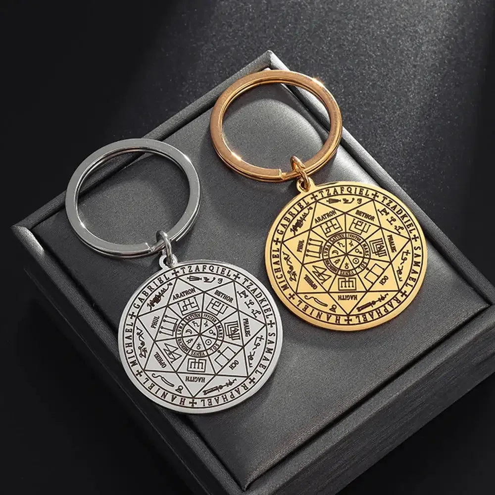 ✨ Stainless Steel Seal of The Seven Archangels Pendant Keychain – Solomon Kabbalah Protection Amulet | Durable Car Keyring Spiritual Jewelry