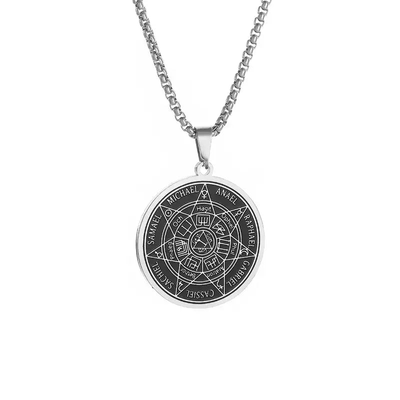 ✨ Stainless Steel Vintage Solomon Seven Archangels Compass Pendant Necklace – Men’s Lucky Amulet | Religious & Spiritual Protection Jewelry