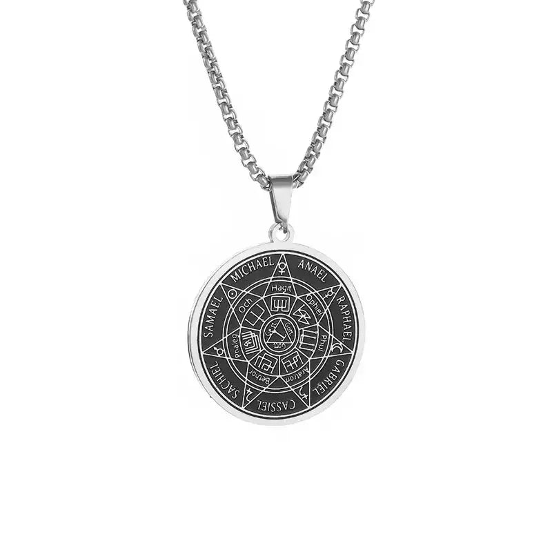 ✨ Stainless Steel Vintage Solomon Seven Archangels Compass Pendant Necklace – Men’s Lucky Amulet | Religious & Spiritual Protection Jewelry