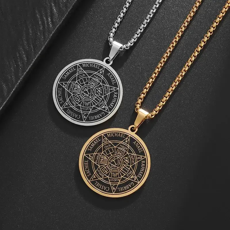 ✨ Stainless Steel Vintage Solomon Seven Archangels Compass Pendant Necklace – Men’s Lucky Amulet | Religious & Spiritual Protection Jewelry