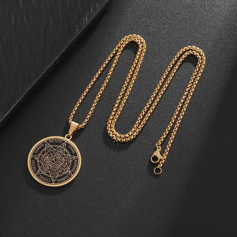 ✨ Stainless Steel Vintage Solomon Seven Archangels Compass Pendant Necklace – Men’s Lucky Amulet | Religious & Spiritual Protection Jewelry