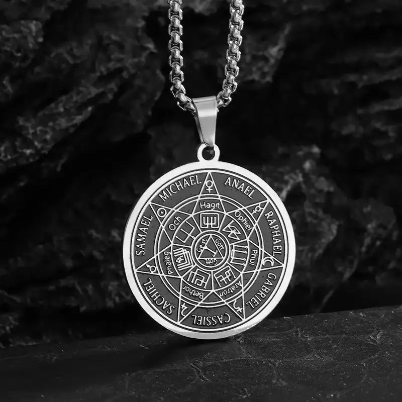 ✨ Stainless Steel Vintage Solomon Seven Archangels Compass Pendant Necklace – Men’s Lucky Amulet | Religious & Spiritual Protection Jewelry AL21692-Silver