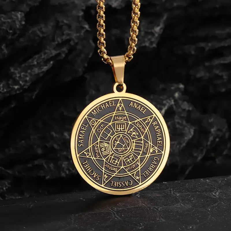 ✨ Stainless Steel Vintage Solomon Seven Archangels Compass Pendant Necklace – Men’s Lucky Amulet | Religious & Spiritual Protection Jewelry AL21692-Gold