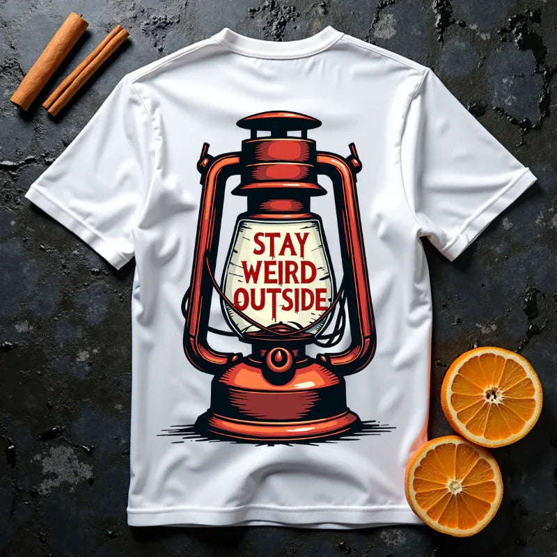Stay Weird Outside Shirt, Vintage Lantern Tee, Kerosene Lamp Graphic T-Shirt, Camping Hiking Cabin Gift, Rustic Outdoors White