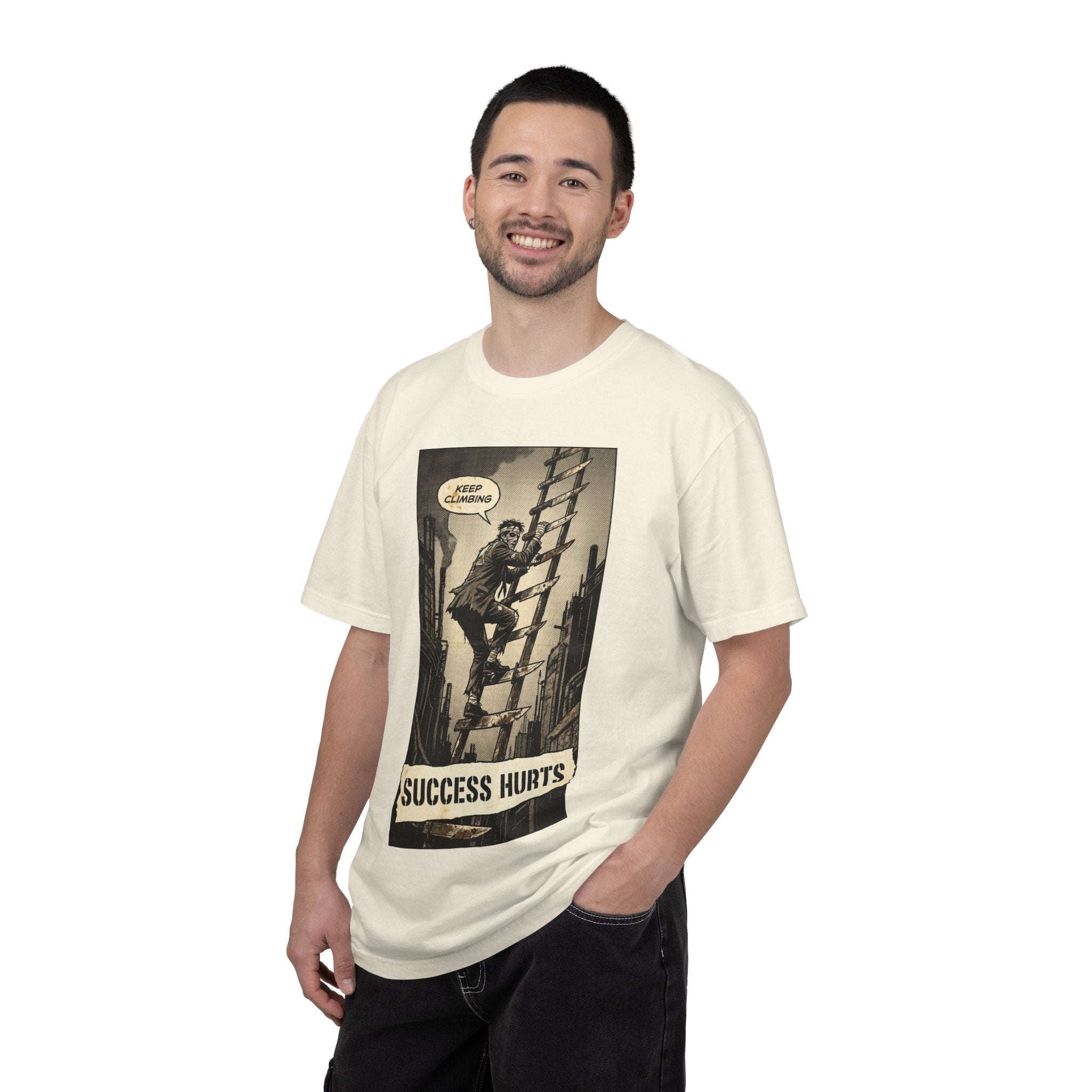 Success Hurts T-Shirt - Keep Climbing Vintage Comic Tee - Motivational Streetwear - Edgy Hustle Culture Shirt - Grunge Aesthetic Apparel Ivory