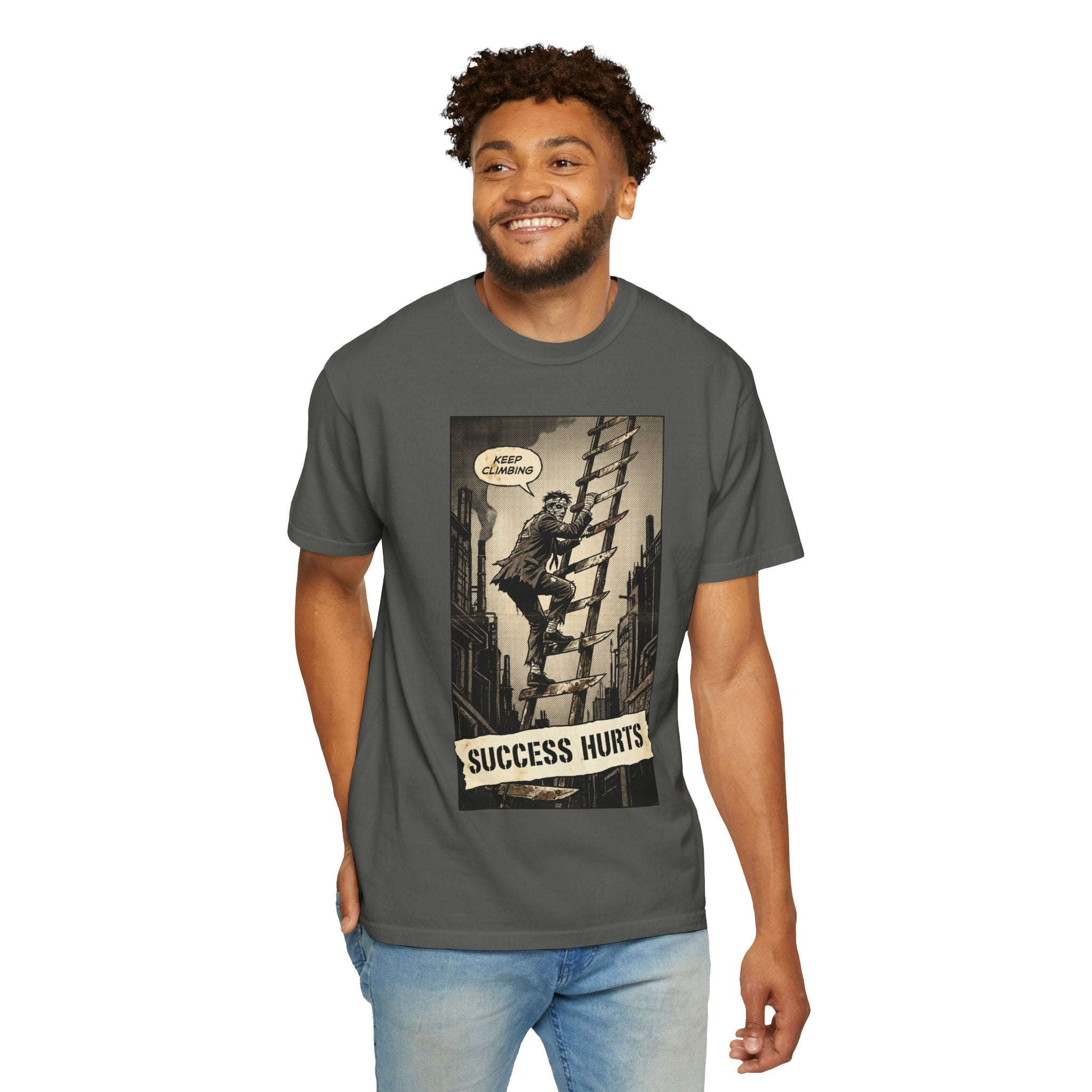 Success Hurts T-Shirt - Keep Climbing Vintage Comic Tee - Motivational Streetwear - Edgy Hustle Culture Shirt - Grunge Aesthetic Apparel Pepper