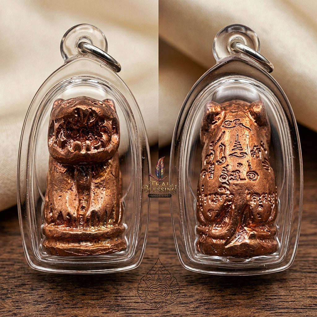 Suea Khao Chan Thai Amulet Protection talisman good luck charm spiritual jewelry Sacred Tiger Sovereign Power Maha Amnat Wild Copper Alloy Thai Blessing Co By RURUECHA